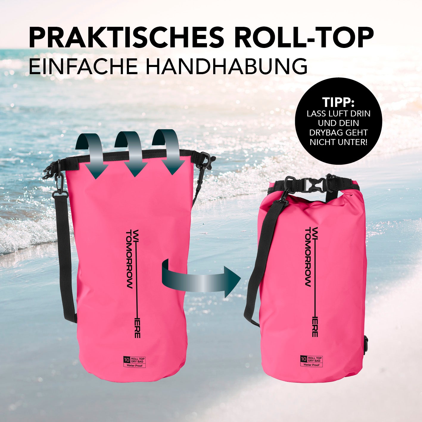 Dry Bag 10L - Style 02 - Pink, wasserdichter Outdoor-Rucksack mit praktischem Rolltop-Verschluss und verstellbarem Schultergurt.