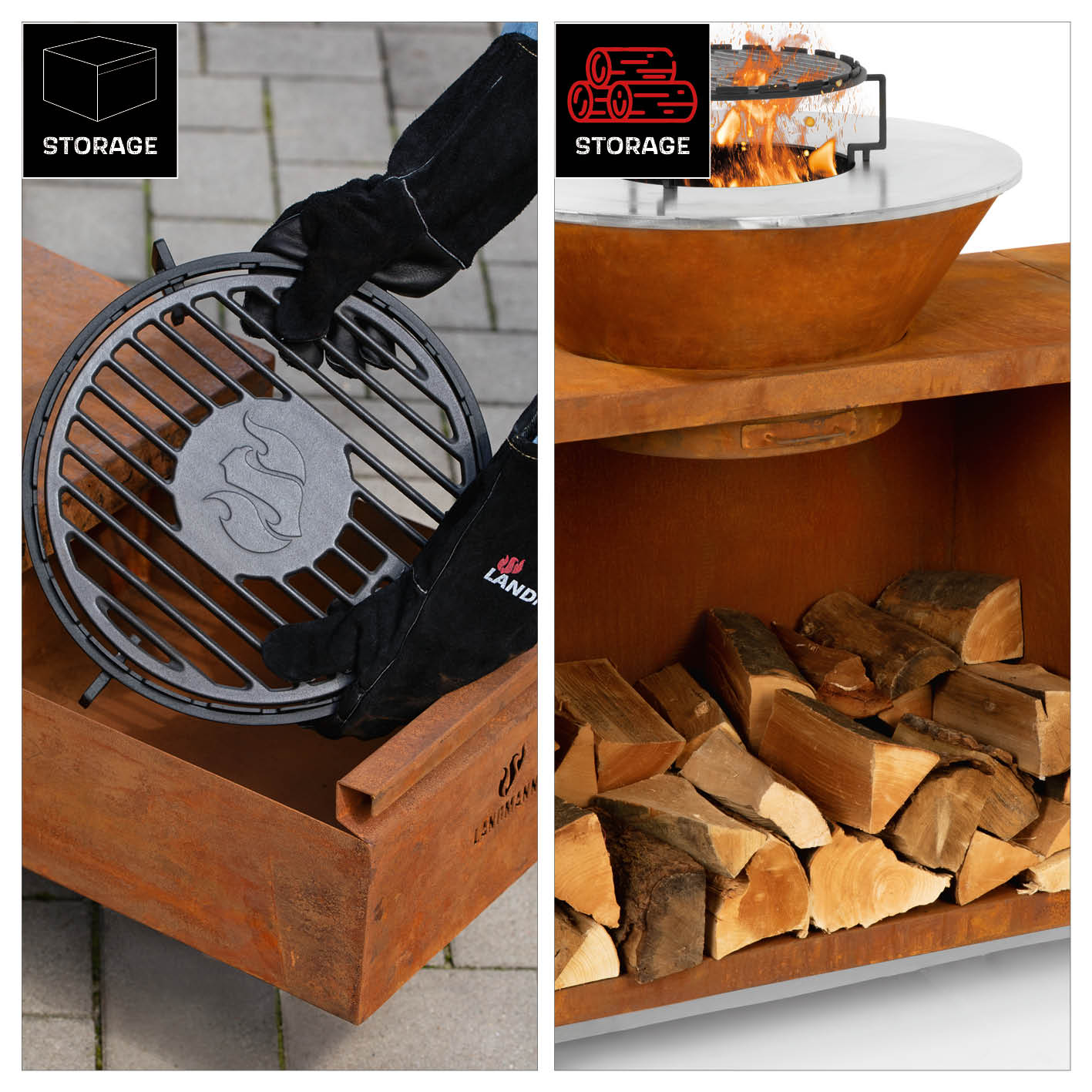 Feuerschalen-Wagen + Plancha-Grill KORREO mit Gusseisen-Grillrost und Holzlagerfach, Ø 70 cm, mobil und vielseitig nutzbar.