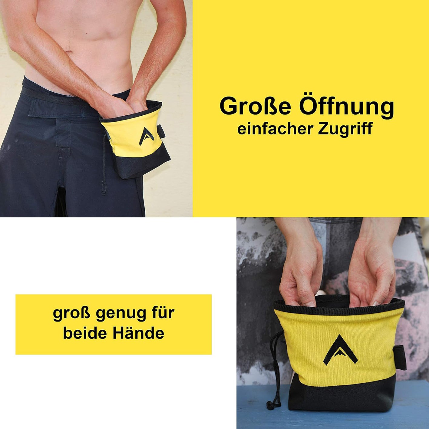 Kreidebeutel - Hüftgurt - Gelb mit großer Öffnung, verstellbarem Gurt und sicherer Reißverschlusstasche für vielseitige Aktivitäten.