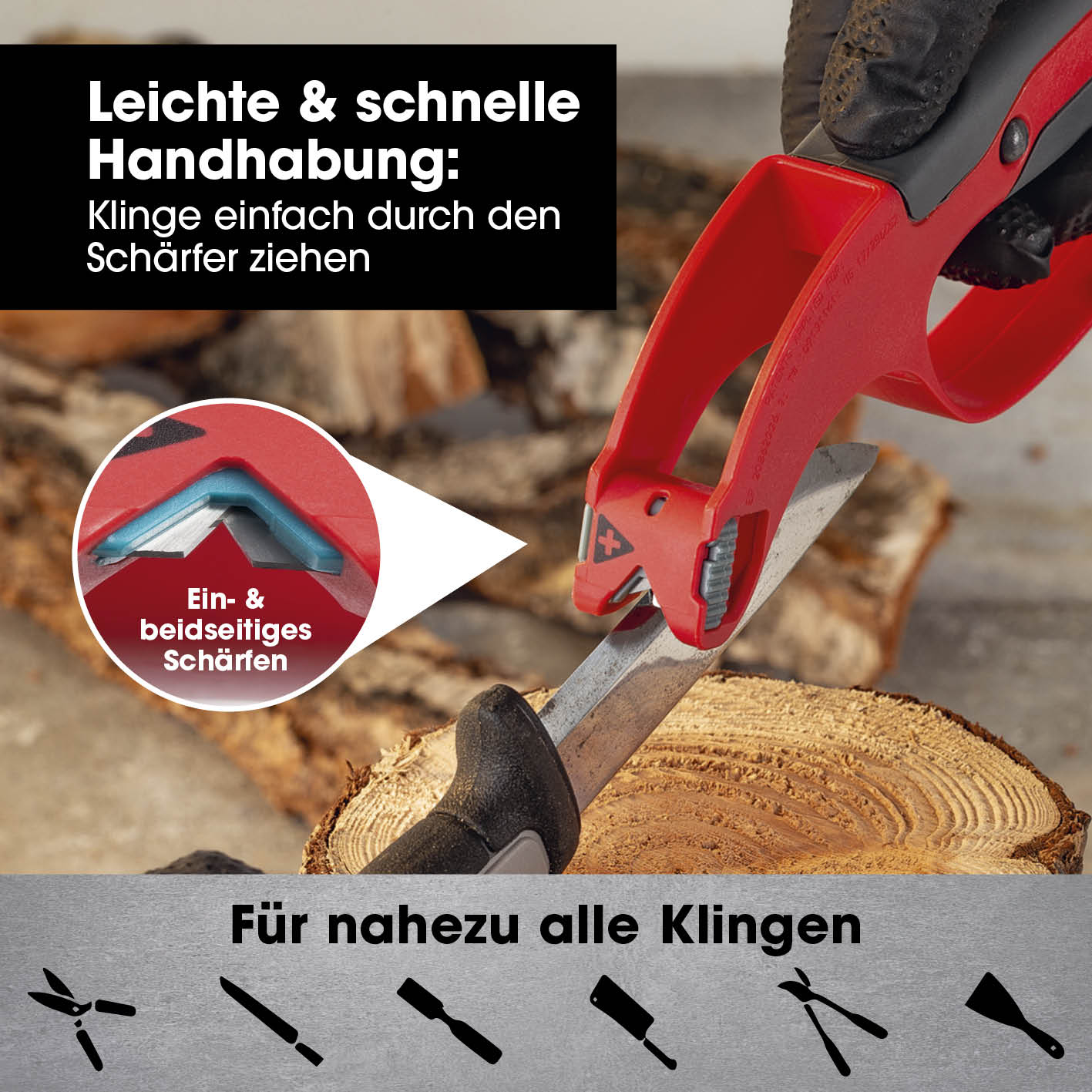 Klingenschärfer und Schärfeinsätze - für Messer, Werkzeug, Gartengeräte mit einfacher Handhabung und einseitigem Schärfen.