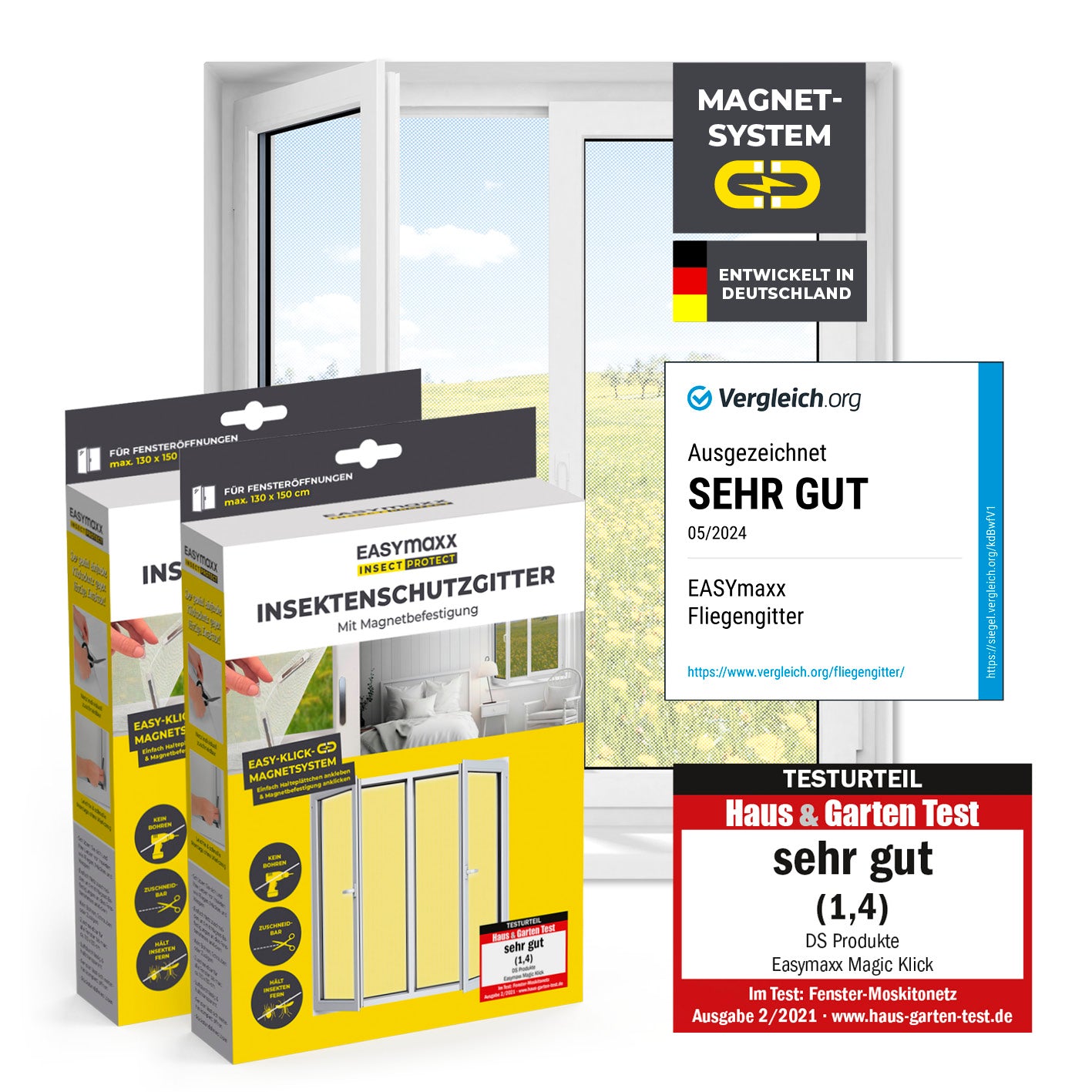 Insektenschutzgitter mit Magnetbefestigung - 2er-Set - 130 x 150 cm - Weiß, einfach montierbar und wirksam gegen Insekten.