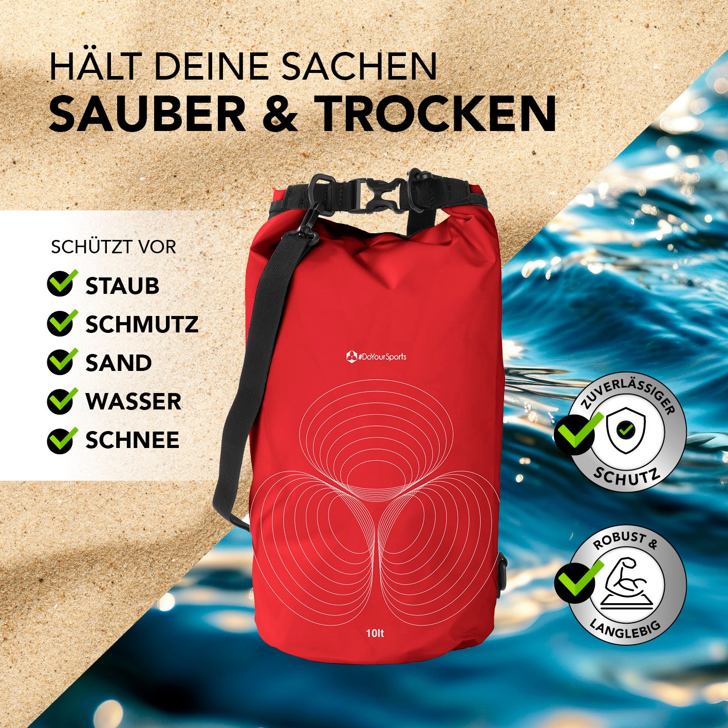 Dry Bag 10L - Rot wasserdichter, robuster Rucksack mit Rolltop-Verschluss zum Schutz vor Staub, Wasser, Sand und Schnee.