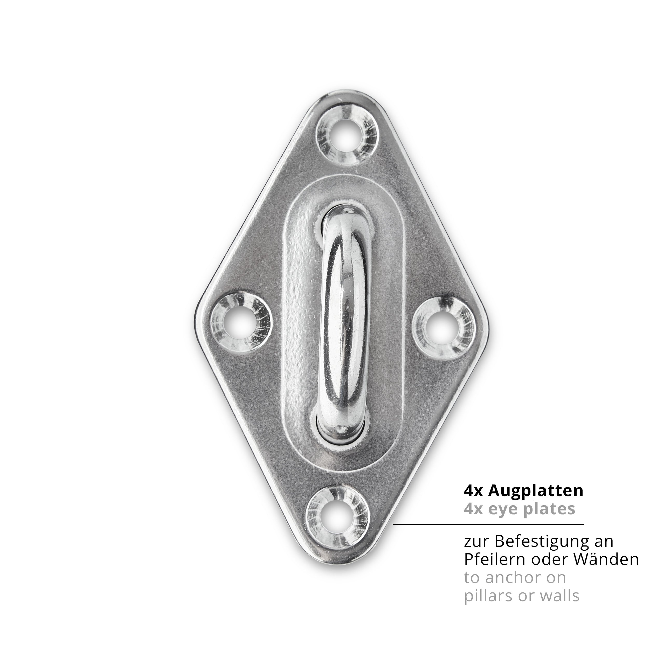 Befestigungsset - Fixierungsset für Sonnensegel aus rostfreiem Edelstahl mit 4 Augplatten zur sicheren Wand- oder Pfostenbefestigung.
