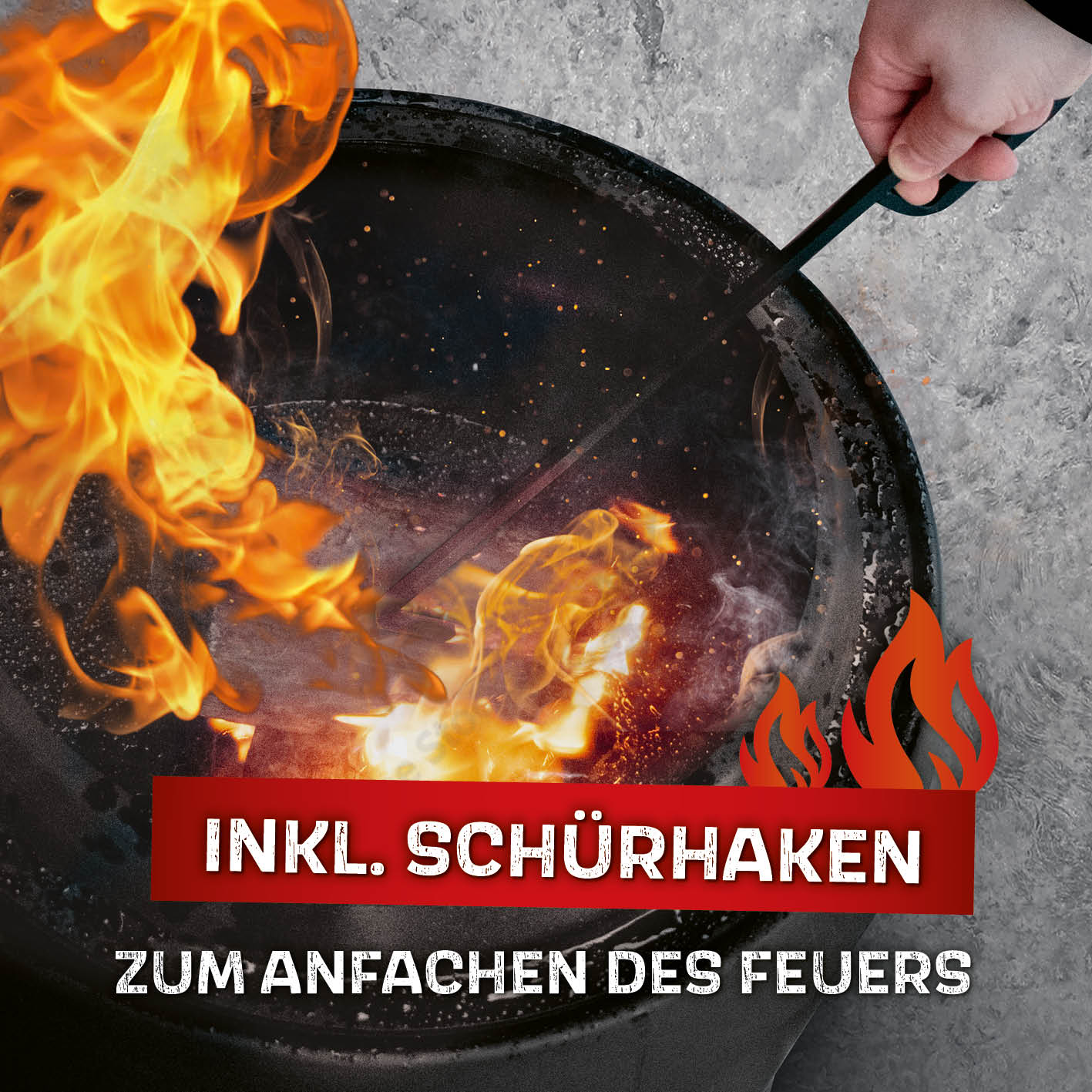 Raucharmer Feuerkorb Ø 60 cm rund schwarz mit Schürhaken, pulverbeschichtetem Stahl und 360°-Luftzirkulation gegen Rauch