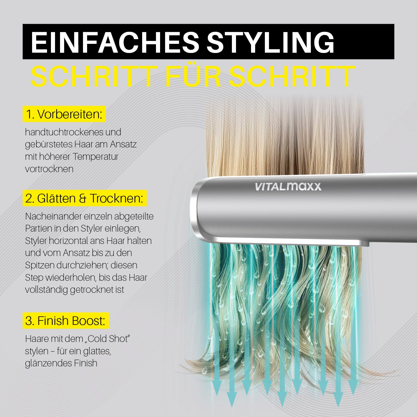 STYLE & SHINE by VITALmaxx Straight & Air Styler zeigt einfaches Glätten und Trocknen von Haaren Schritt für Schritt mit Kaltluft-Finish.