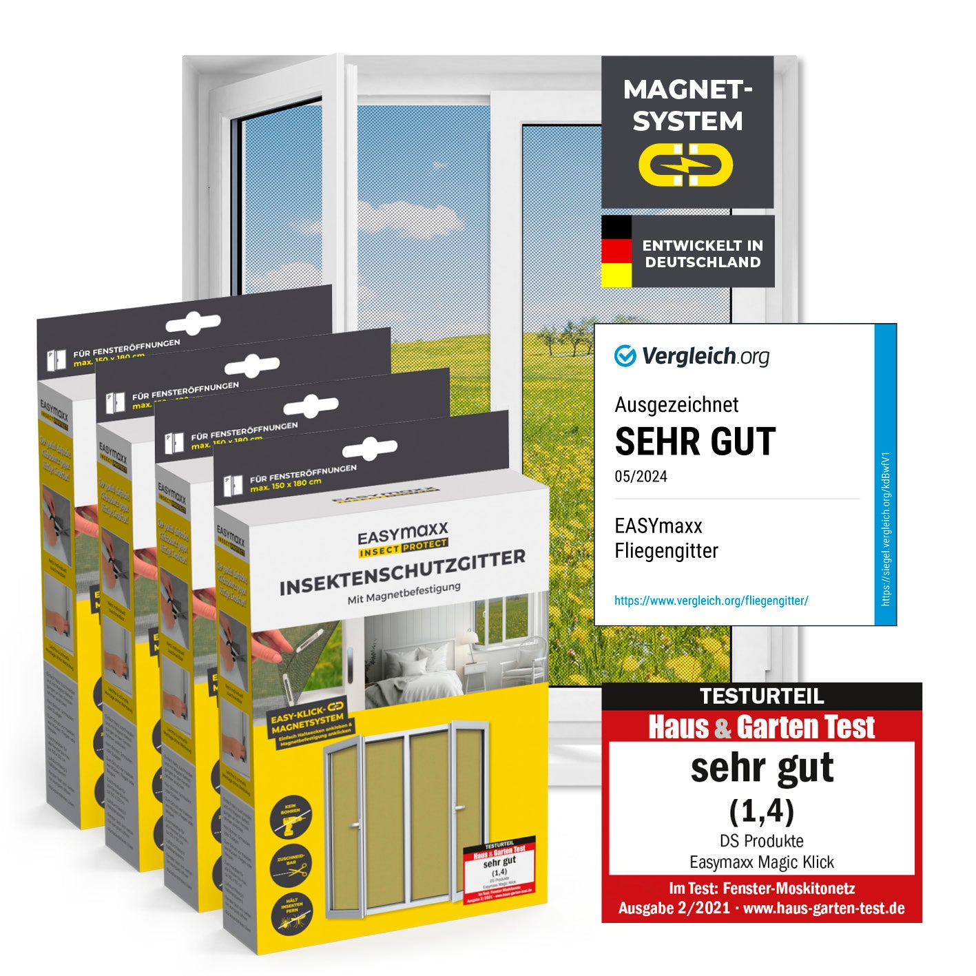 Insektenschutzgitter mit Magnetbefestigung - 4er-Set - 150 x 180 cm - Schwarz für zuverlässigen Insektenschutz und einfache Montage