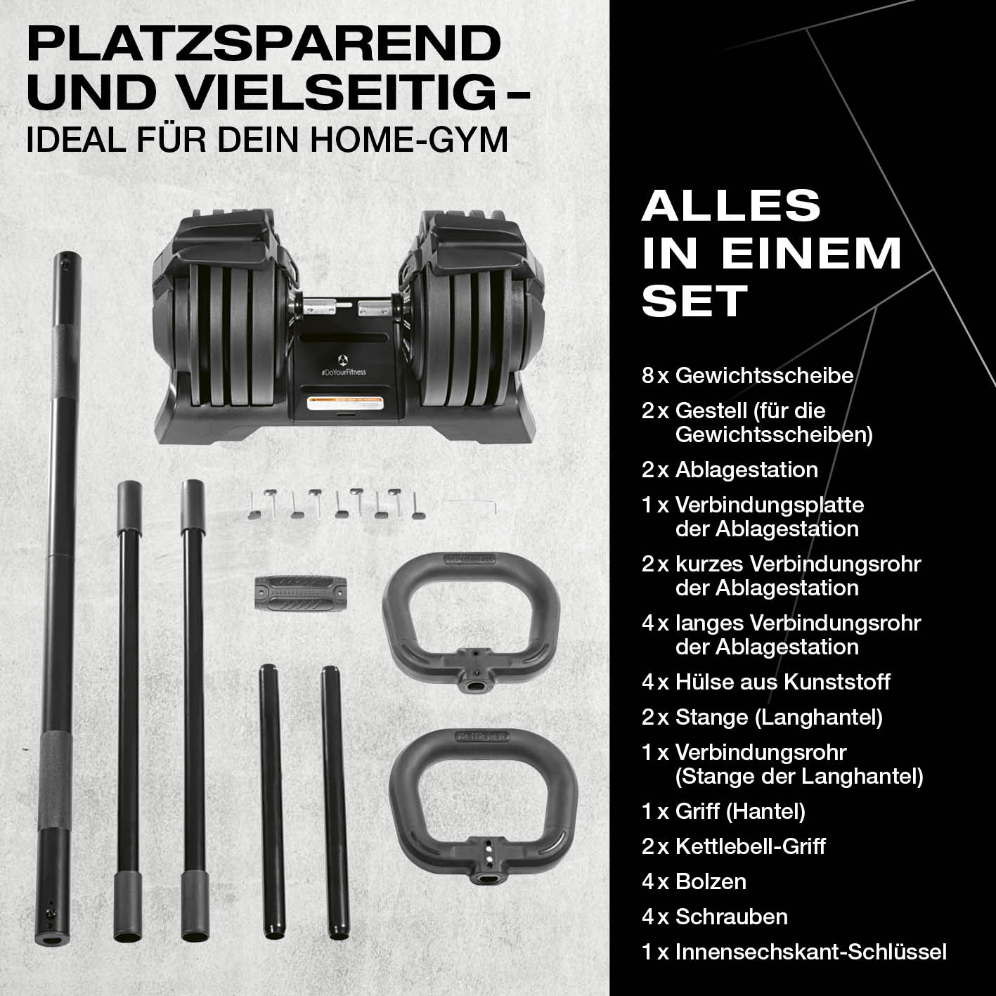 Multifunktionshantel von FitEngine, platzsparend, 3-in-1 Gewicht einstellbar 3–24 kg, für vielseitiges Home-Gym Training.