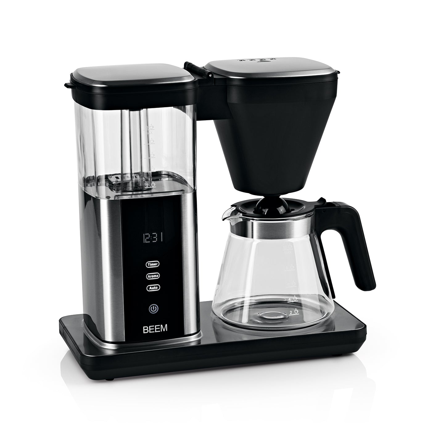 Filterkaffeemaschine - Glas mit digitalem Display, Wasserstandsanzeige und 1,25 l Glaskanne für bis zu 10 Tassen Kaffee.