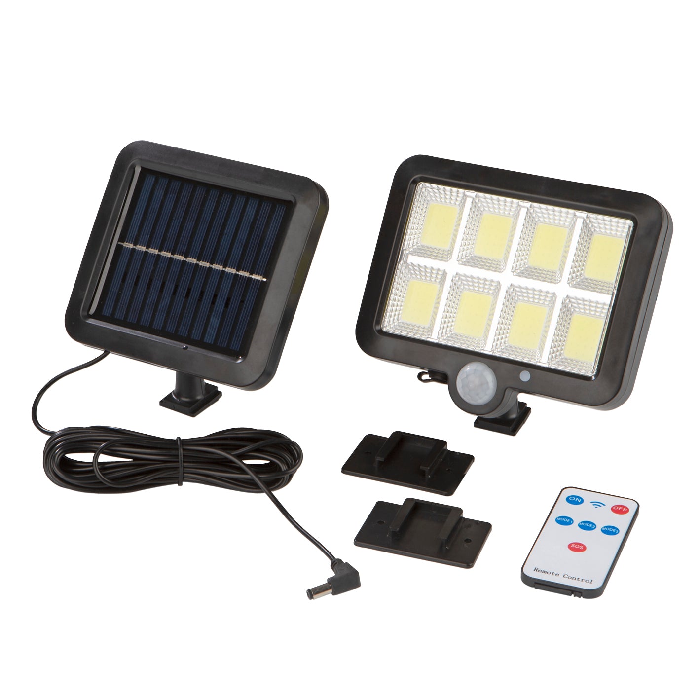 Solar-Strahler mit Bewegungsmelder, LED Außenstrahler mit separatem Solarpanel, Dämmerungssensor und Fernbedienung für Hauswand oder Carport