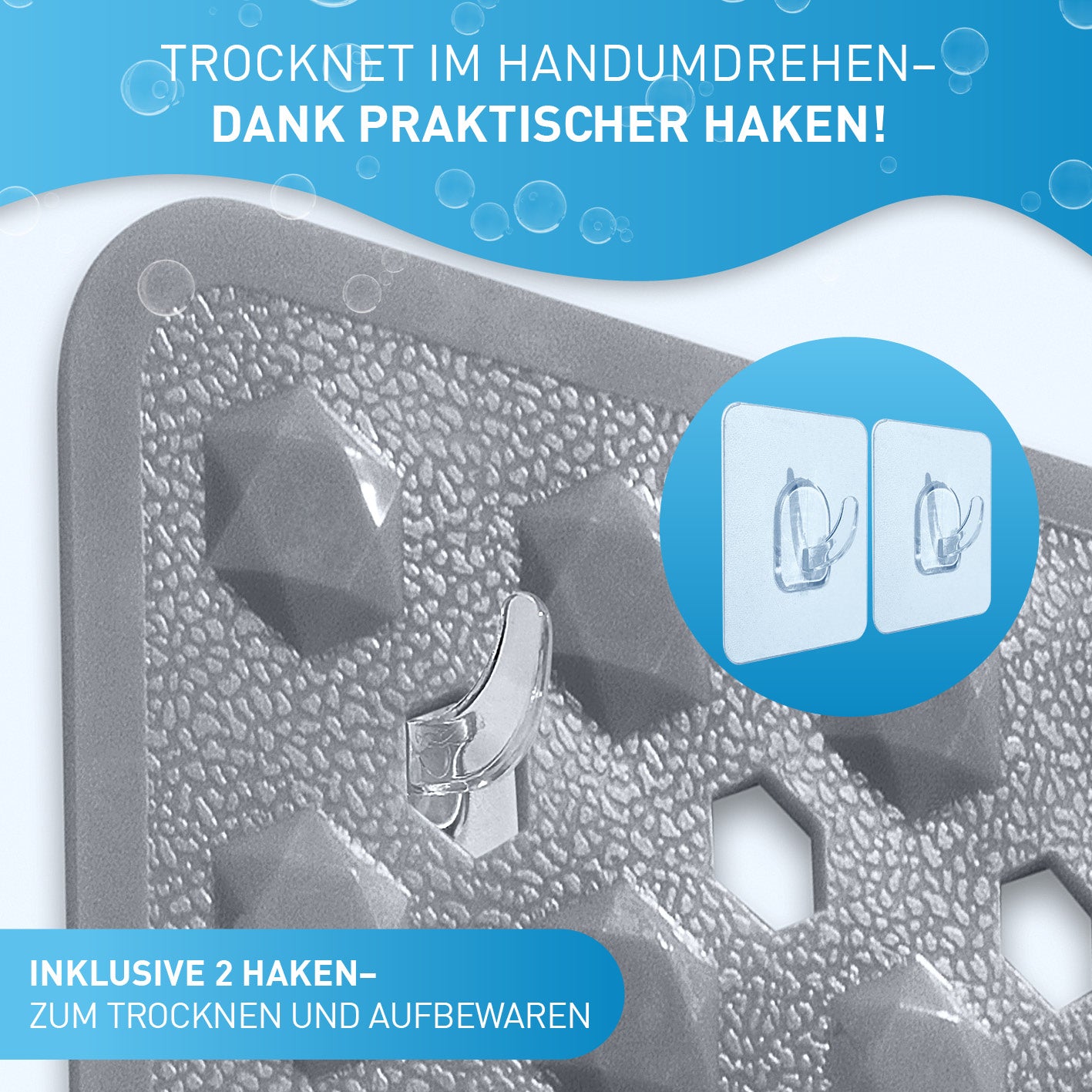 Badewannenmatte 88 x 40 cm – Dunkelgrau mit rutschfester Struktur, starken Saugnäpfen und 2 Haken zum praktischen Trocknen und Aufbewahren