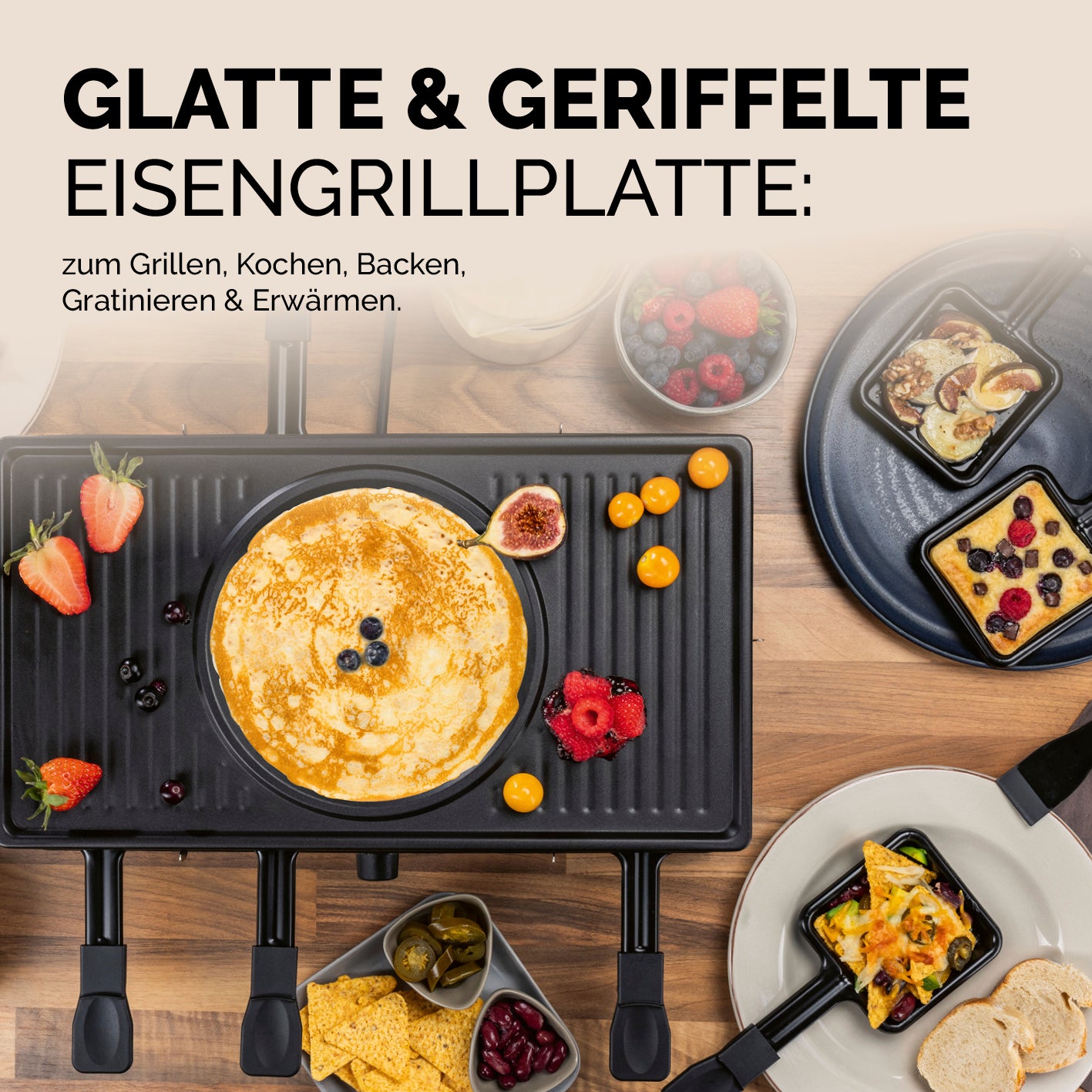 Raclette- und Fondue-Set - 8 Personen mit glatter und geriffelter Grillplatte für vielseitiges Grillen und Kochen am Tisch.