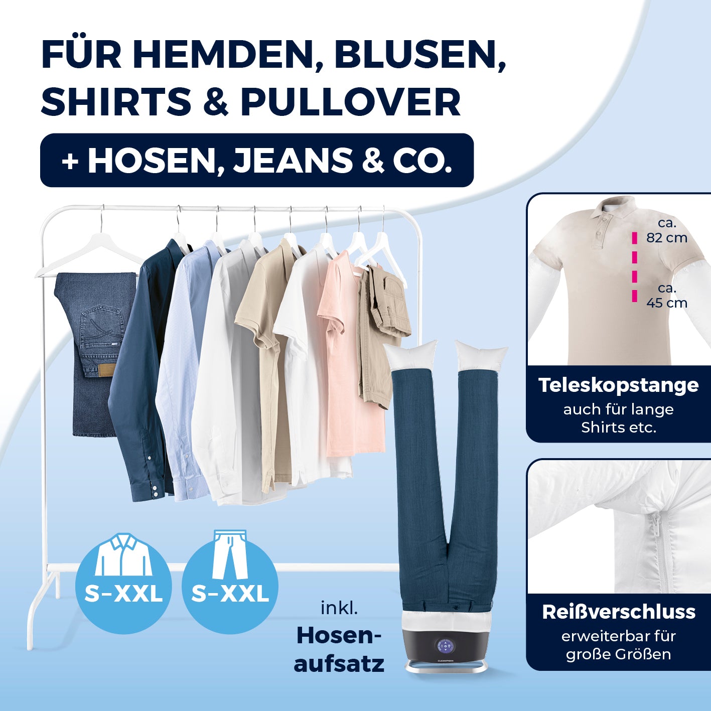 Hemdenbügler PRO STEAM mit Hosenaufsatz - Schwarz zeigt vielseitiges Bügeln von Hemden, Hosen, Blusen bis XXL-Größen.