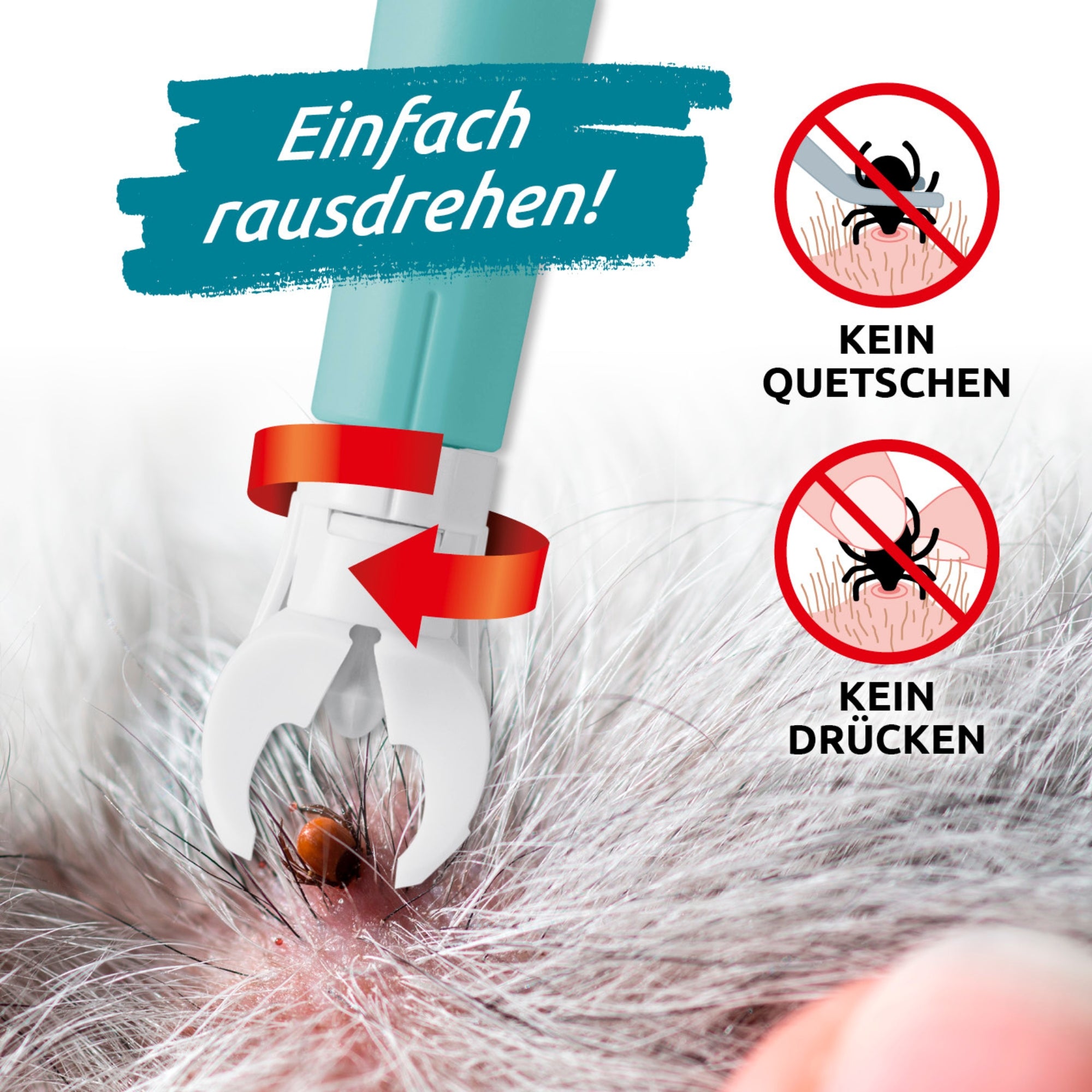 Zeckengreifer für Tiere mit rotierendem Greiferkopf entfernt Zecken sanft ohne Quetschen oder Drücken aus dem Fell des Tieres.