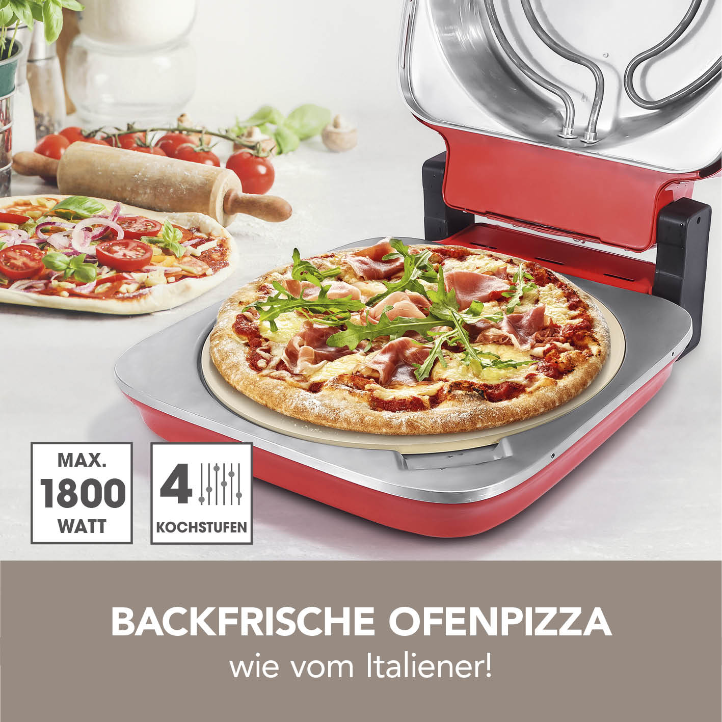 Elektro-Pizzaofen inkl. Pizzastein mit 1800 Watt, 4 Kochstufen, backfrische Pizza schnell und knusprig zubereitet.