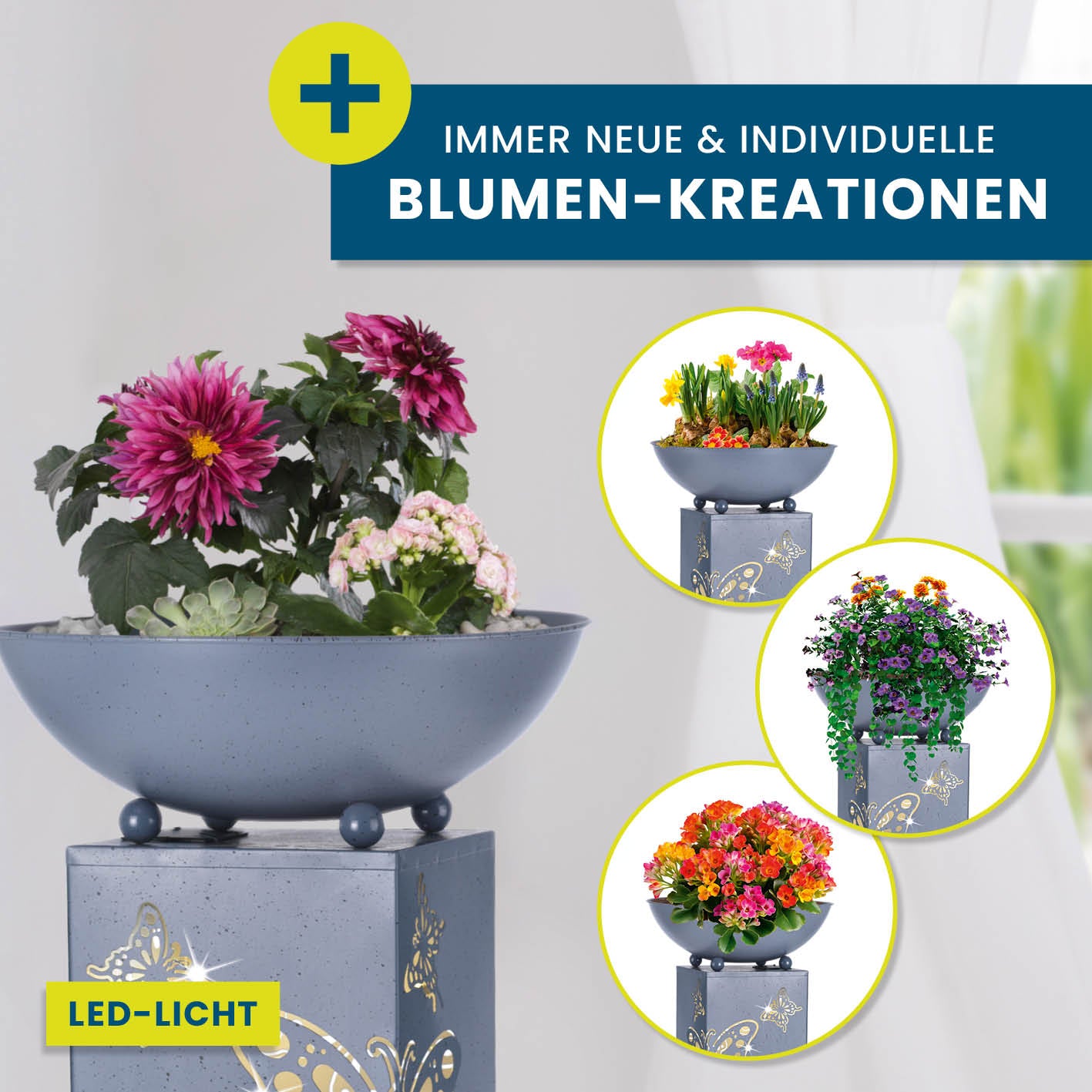 LED Pflanzsäule in 3D Beton-Optik mit abnehmbarer Schale und LED-Beleuchtung für individuelle Blumen-Kreationen im Innen- und Außenbereich.
