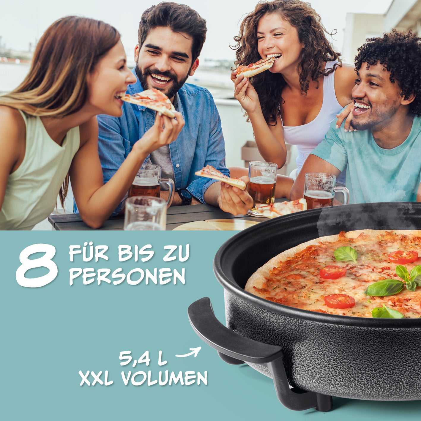 Pizza-Pfanne mit Deckel - Elektrisch 1500W - ⌀ 40 cm, XXL-Volumen 5,4L, ideal für bis zu 8 Personen, mit Antihaftbeschichtung.