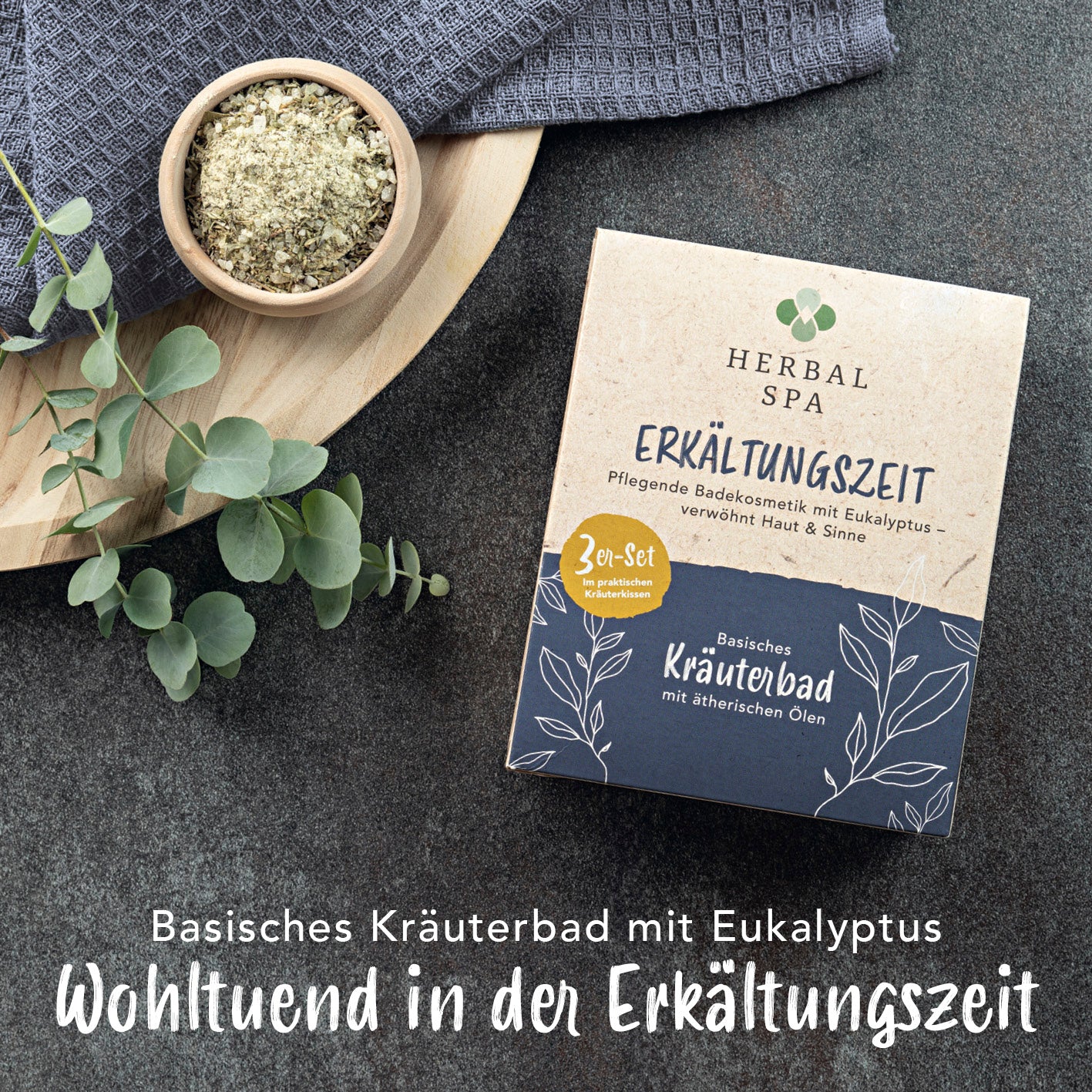 Basisches Kräuterbad mit ätherischen Ölen - Erkältungszeit & Entspannungszeit - 12er-Set, pflegende Badekosmetik mit Eukalyptus.