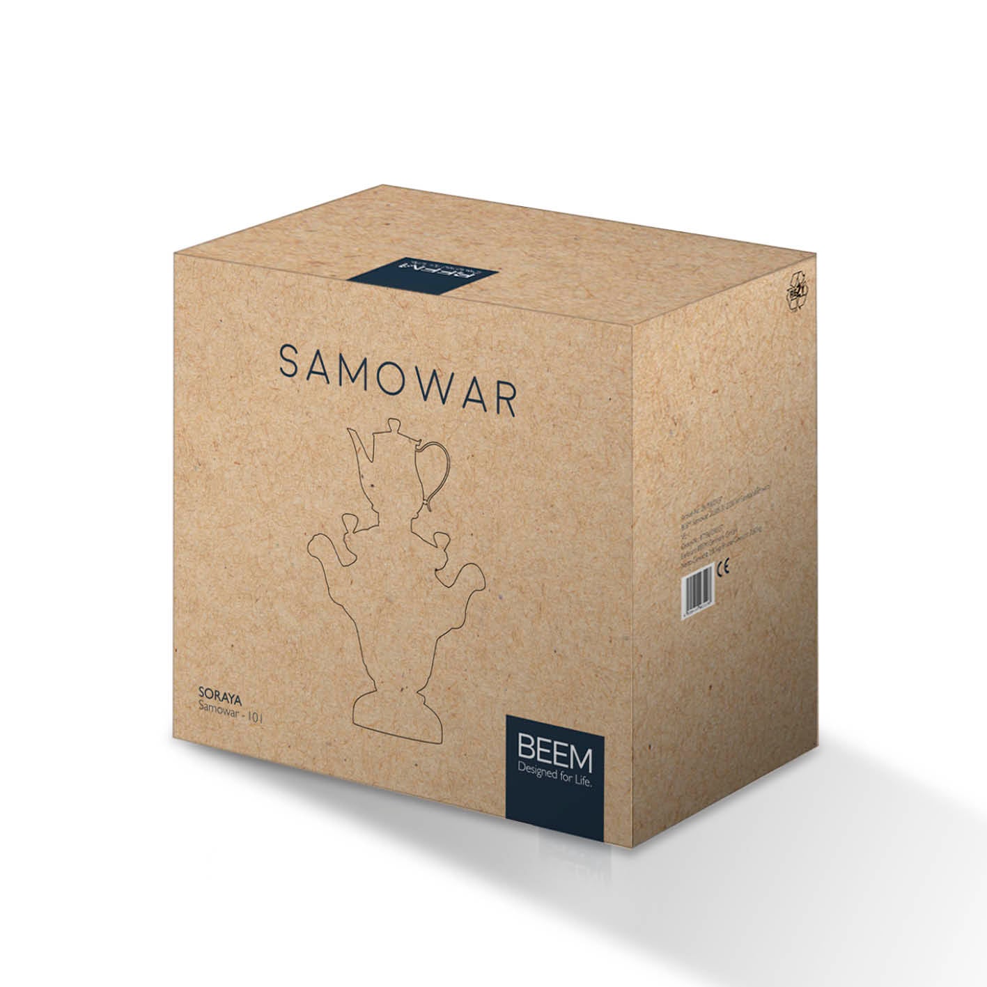 Verpackung des SORAYA Samowar - 10 l | Edelstahl mit minimalistischem Design und Produktumriss auf brauner Kartonbox.