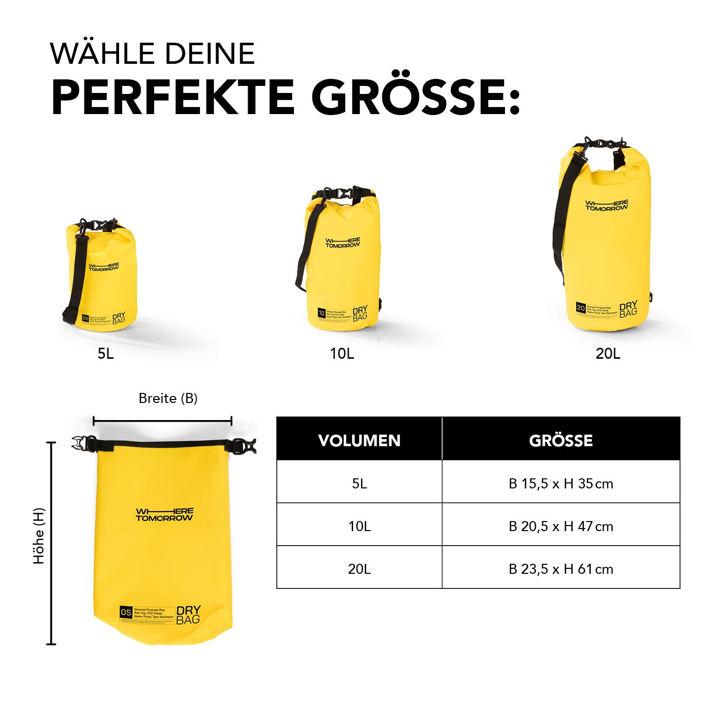 Dry Bag 5L - Style 01 - Gelb, wasserfester, robuster Outdoor-Rucksack mit UV-Schutz und verstellbarem Schultergurt in kompakter Größe.