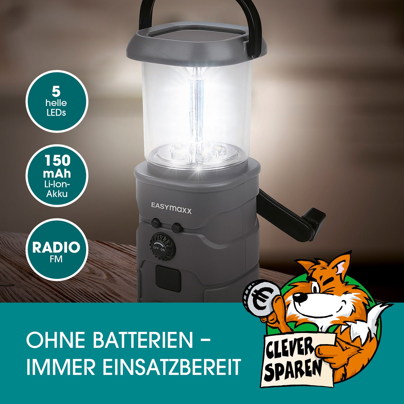 Akku-Lampe mit Radio - Lädt über Solar, Kurbel und USB mit 5 LEDs, FM-Radio und flexiblem Aufladen ohne Batterien.
