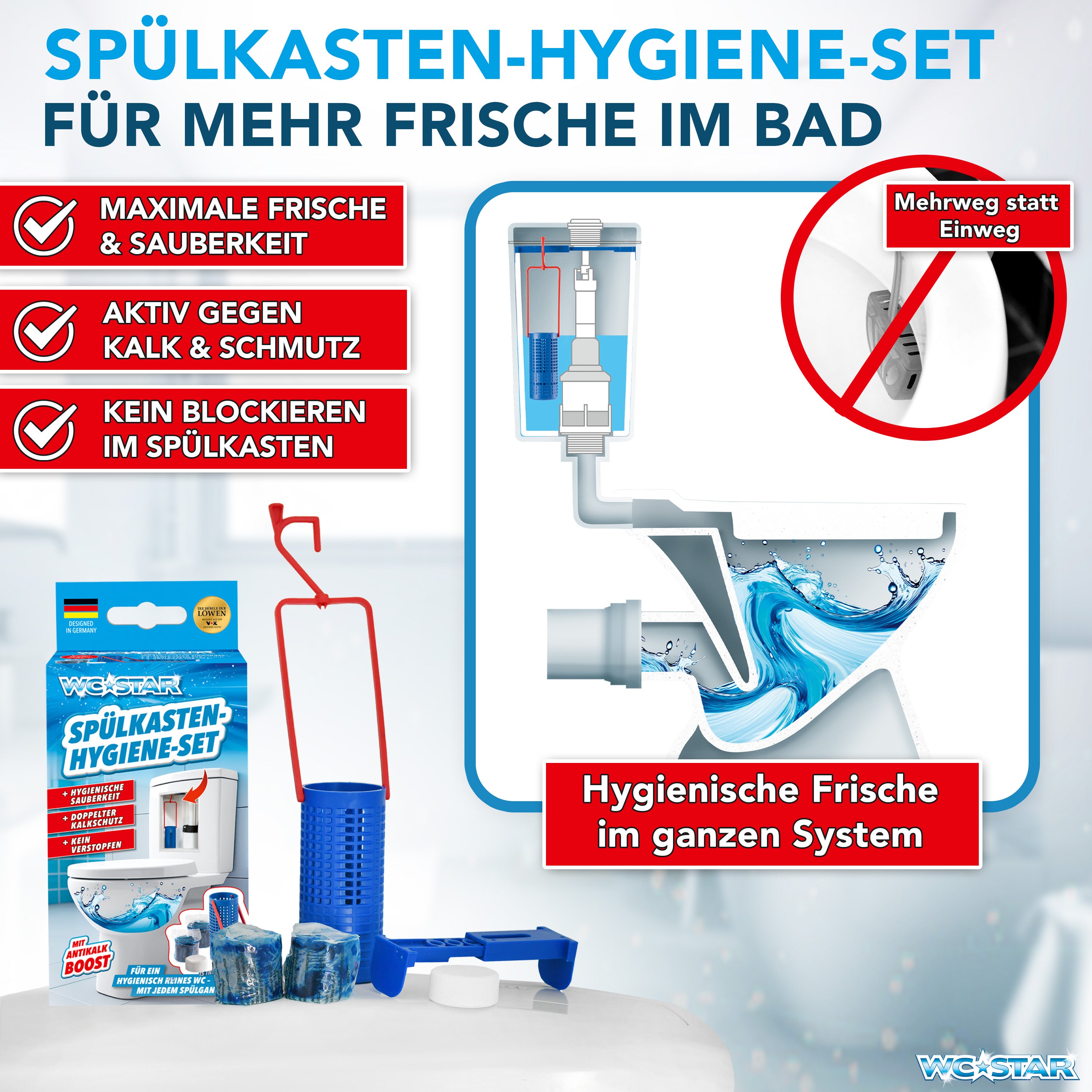 WC-Star Spülkasten-Hygiene-Set mit Einhänger, Tabs und Antikalk-Boost für hygienische Frische und sauberes WC-System.