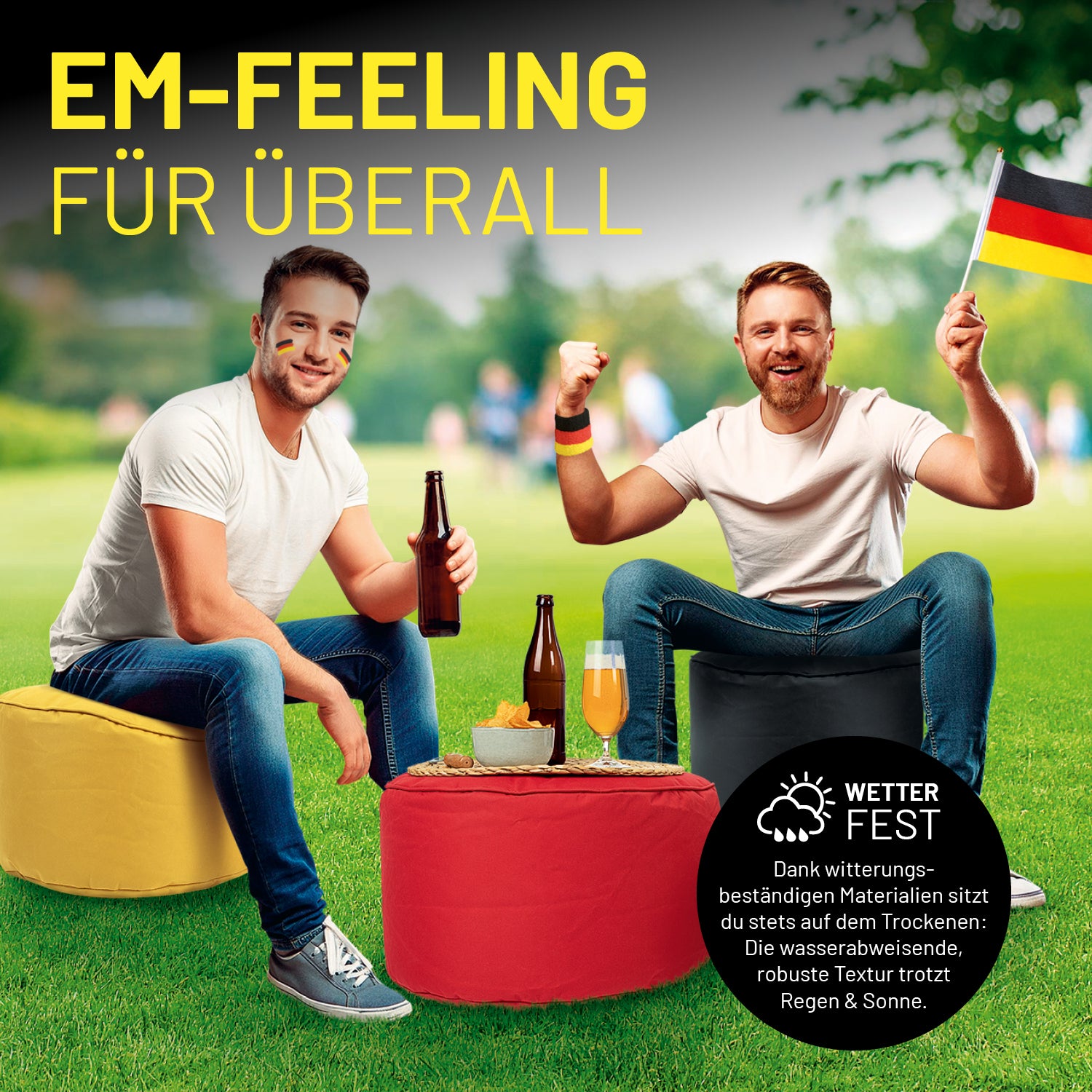 EM 2024 3er Deutschland-Set mit robusten Pouf-Sitzsäcken in Schwarz, Rot & Gelb, ideal für indoor und outdoor EM-Feeling.