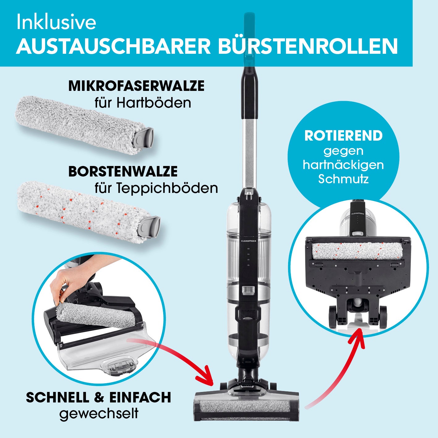 Multi-Bodenreiniger mit austauschbaren Bürstenrollen für Teppiche und Hartböden, einfach zu wechseln, effektiv gegen Schmutz.
