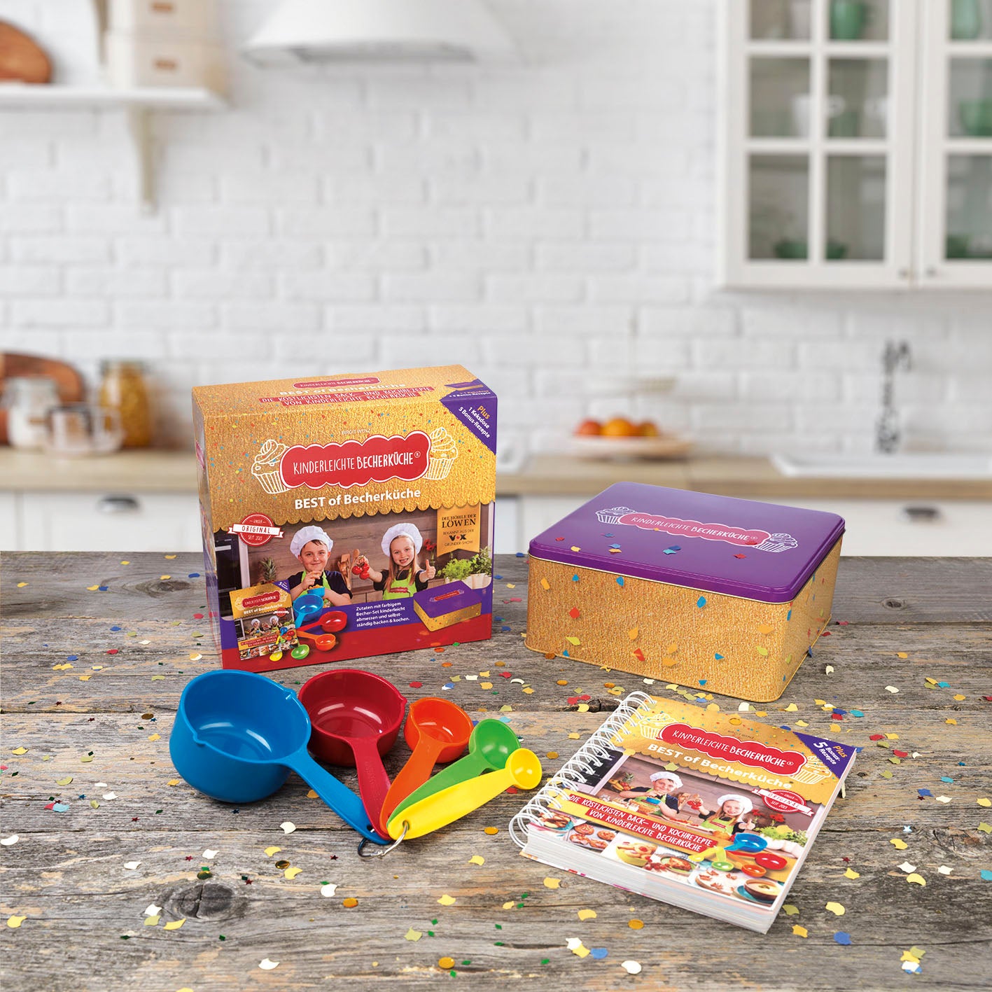 BEST of Becherküche Back- und Kochbuch mit 15 + 5 Rezepten, Messbecher und Aufbewahrungsbox für Kinder ab 4 Jahren.