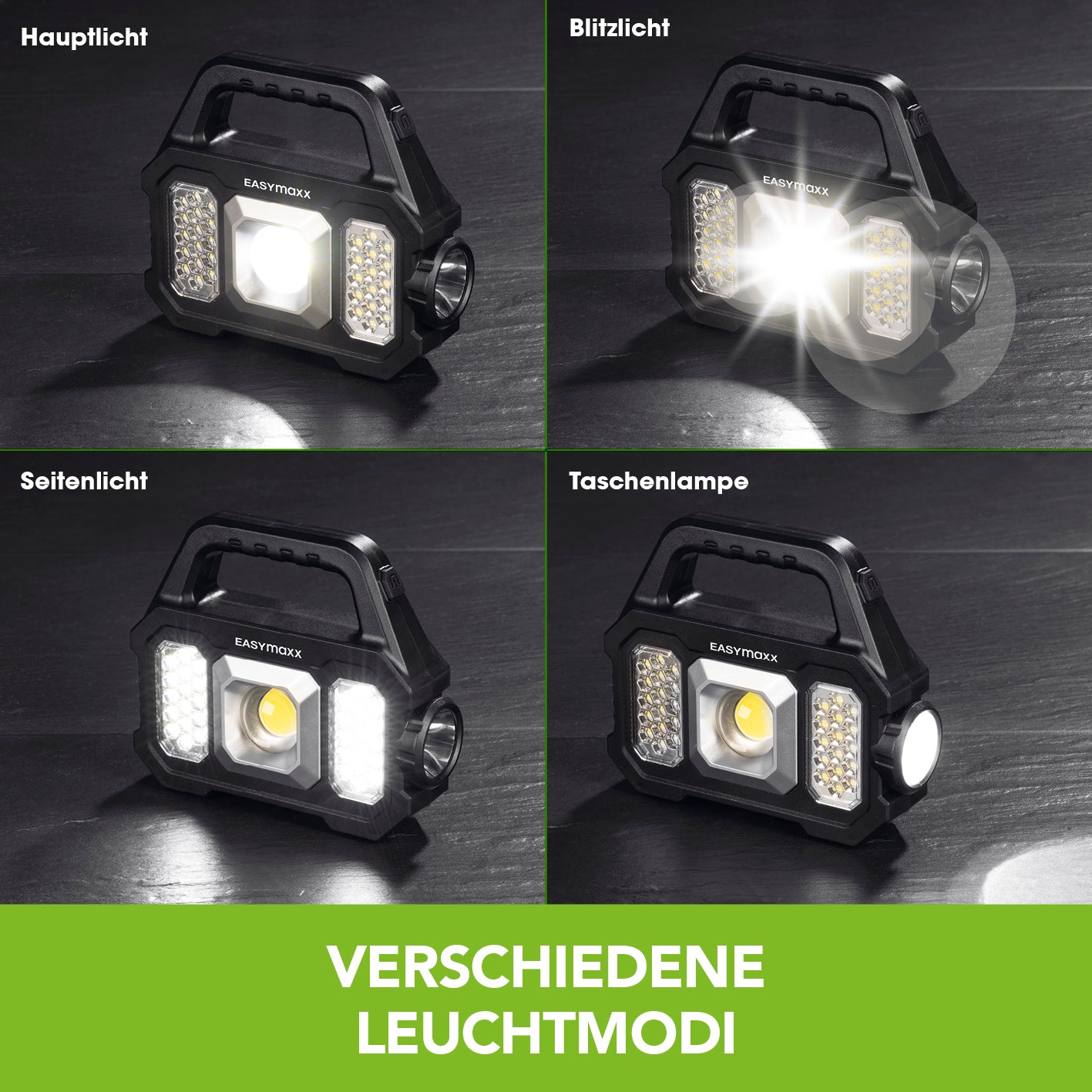 Solar-Arbeitsleuchte mobil - Schwarz zeigt vier Leuchtmodi mit hellen, dimmbaren und seitlichen Lichtoptionen inklusive Taschenlampe