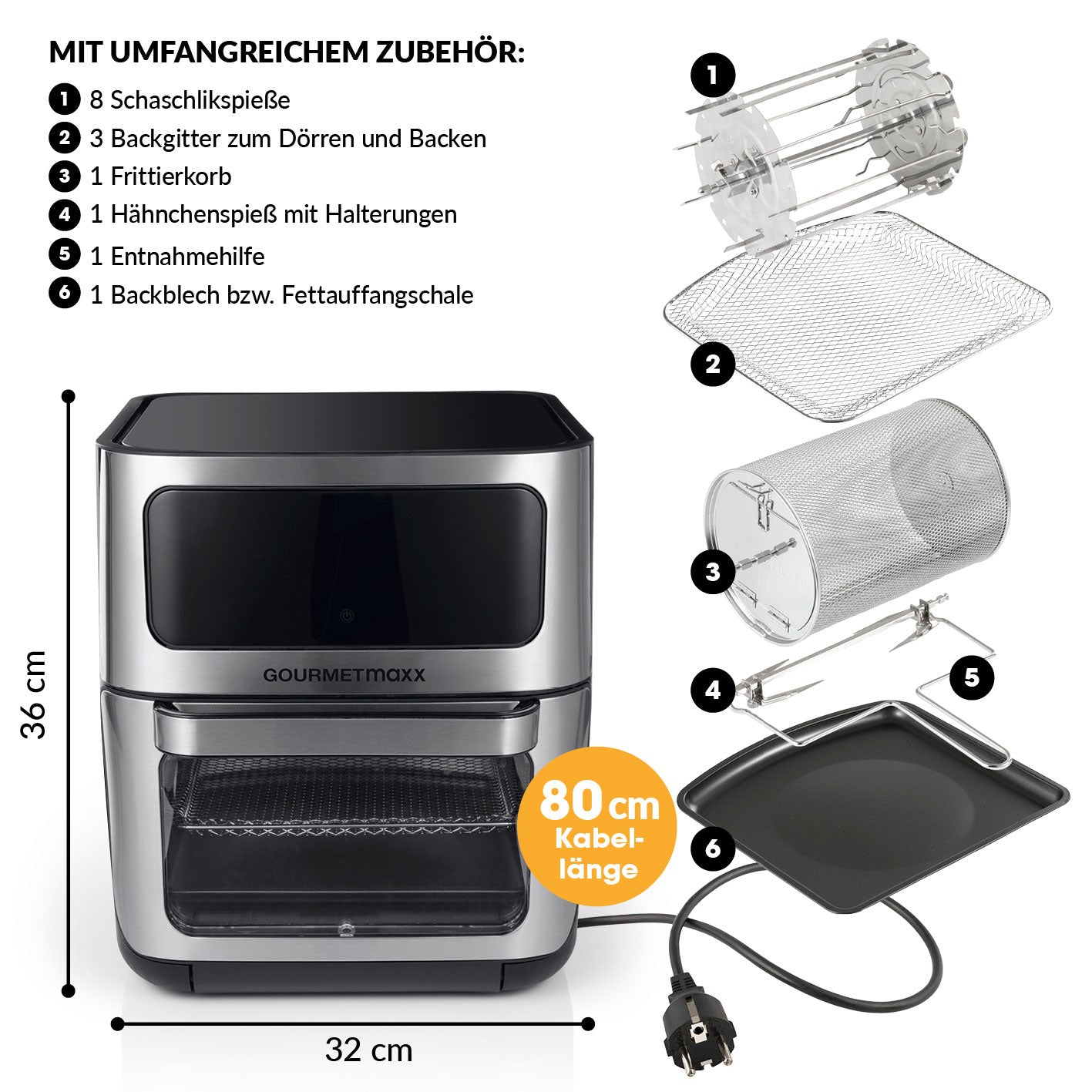 Heißluft-Ofen Digital mit Sichtfenster - 12l mit umfangreichem Zubehör wie Schaschlikspieße, Backgitter, Frittierkorb und Backblech.