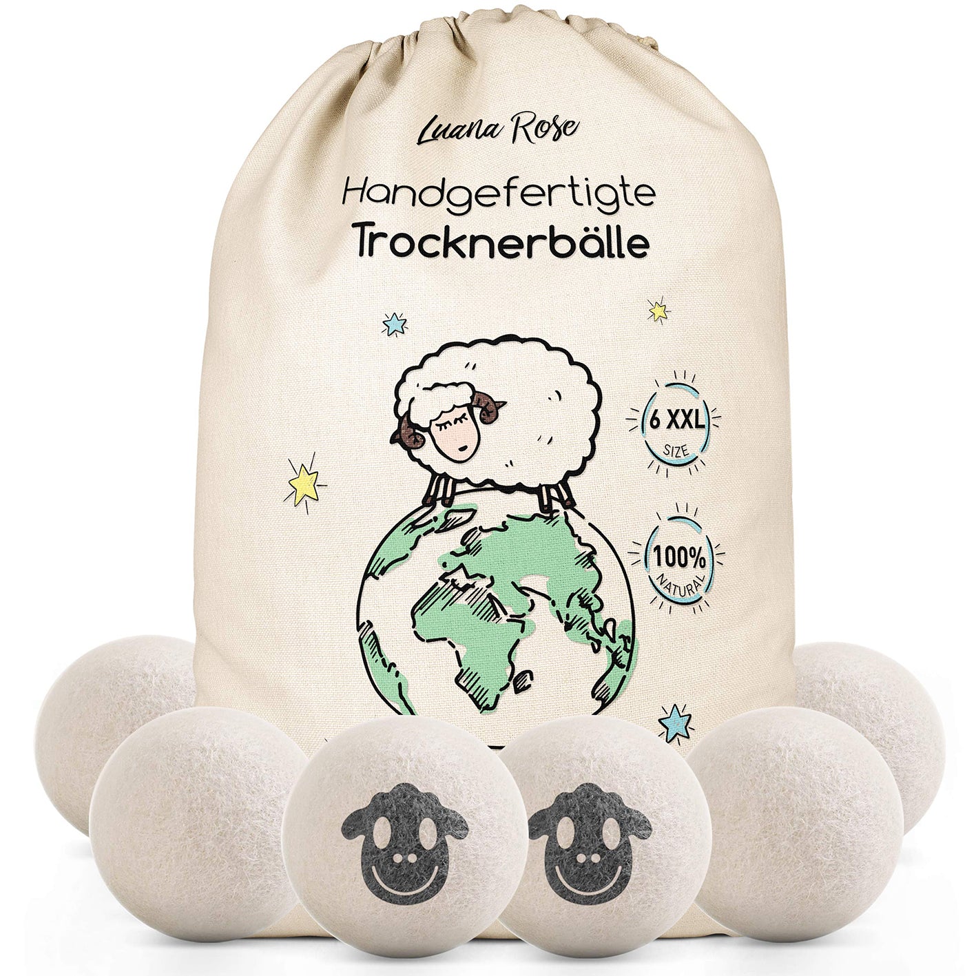 Trocknerbälle für Wäschetrockner - 6er-Set - Schafwolle, handgefertigt aus 100% natürlicher, hypoallergener Neuseelandwolle.