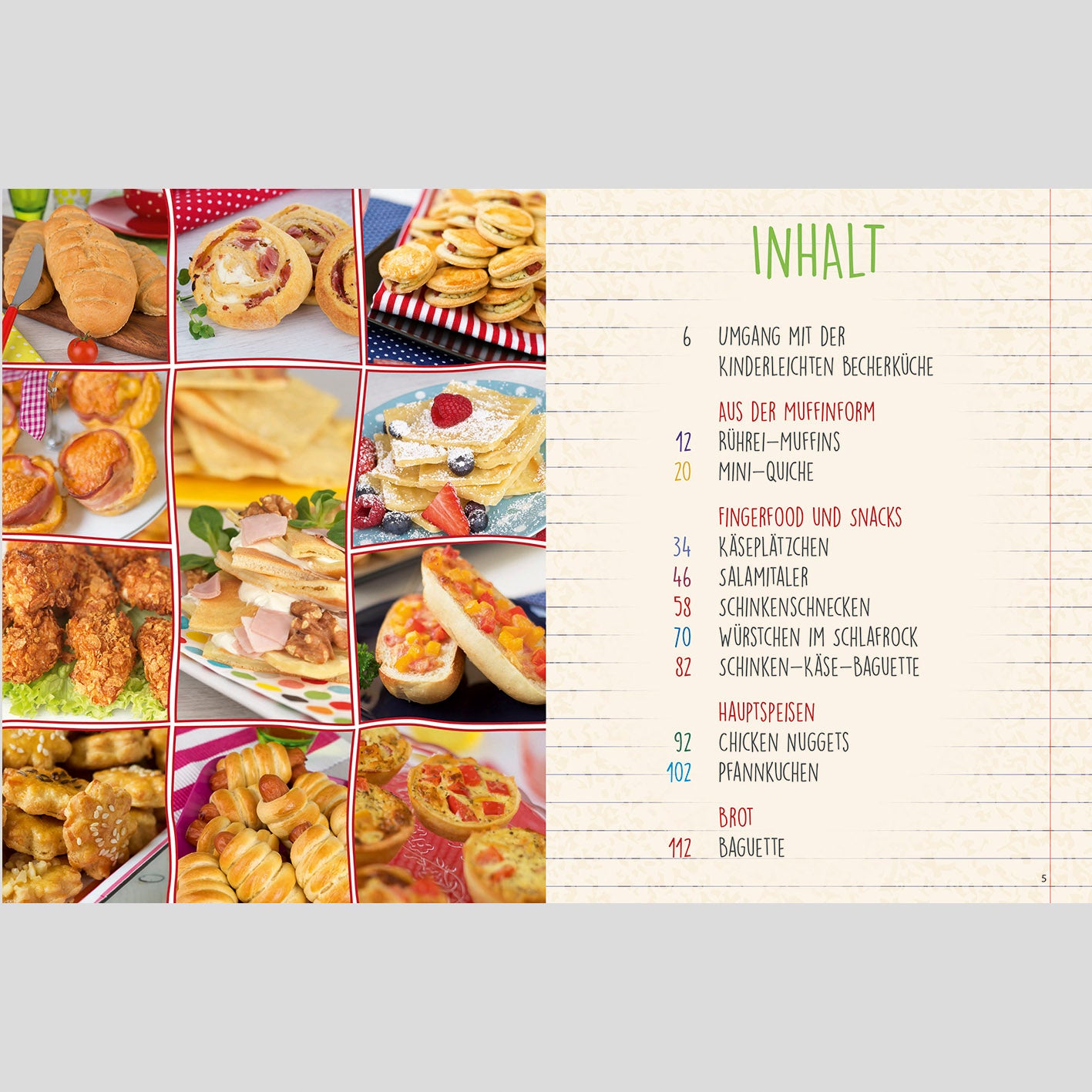 Rezeptbuch inkl. Messbecher-Set - Band 4 - Kleine Gerichte ganz groß! Inhaltsverzeichnis mit Fotos zu Fingerfood und Snacks für Kinder.
