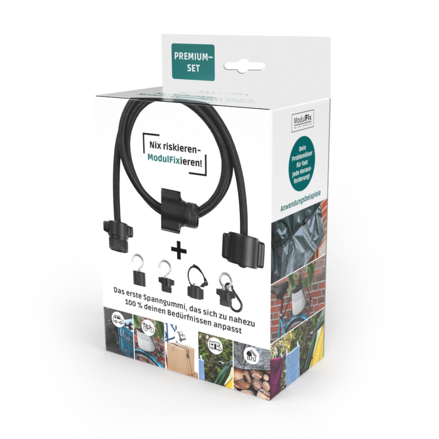 Multifunktionales Spanngummi-System - Premium-Set mit verstellbarer Länge und verschiedenen Befestigungsoptionen wie Haken und Karabinerhaken.