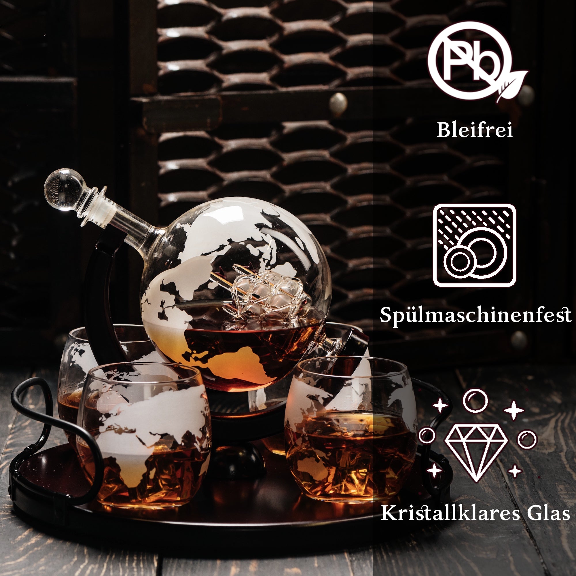 Elegantes 8-in-1-Whisky-Dekanter-Seta – 4 Gläser aus bleifreiem Glas mit Globus-Dekanter und Holzständer.