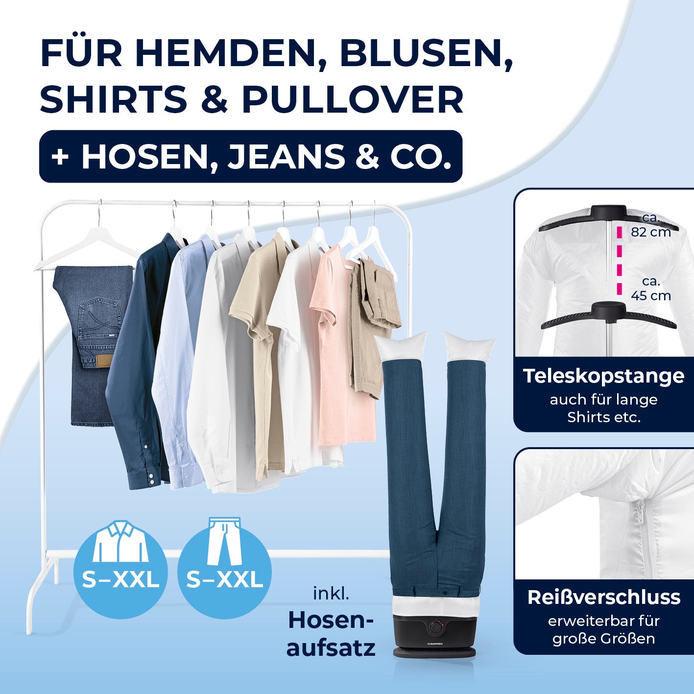 Hemdenbügler PRO mit Hosenaufsatz - Schwarz, für Hemden, Blusen, Hosen, Jeans, mit Teleskopstange und Reißverschluss-Erweiterung.