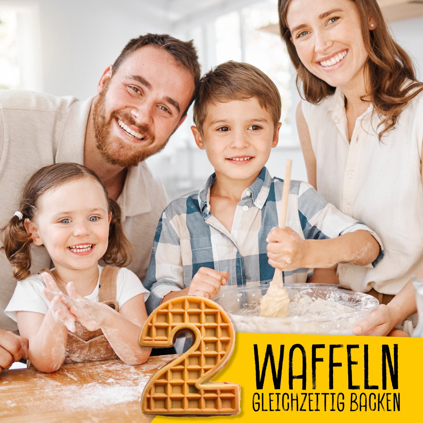 Waffeleisen für Belgische Waffeln mit heizelementen oben & unten für 2 Waffeln, stufenlos einstellbarer Thermostat und Antihaftbeschichtung.