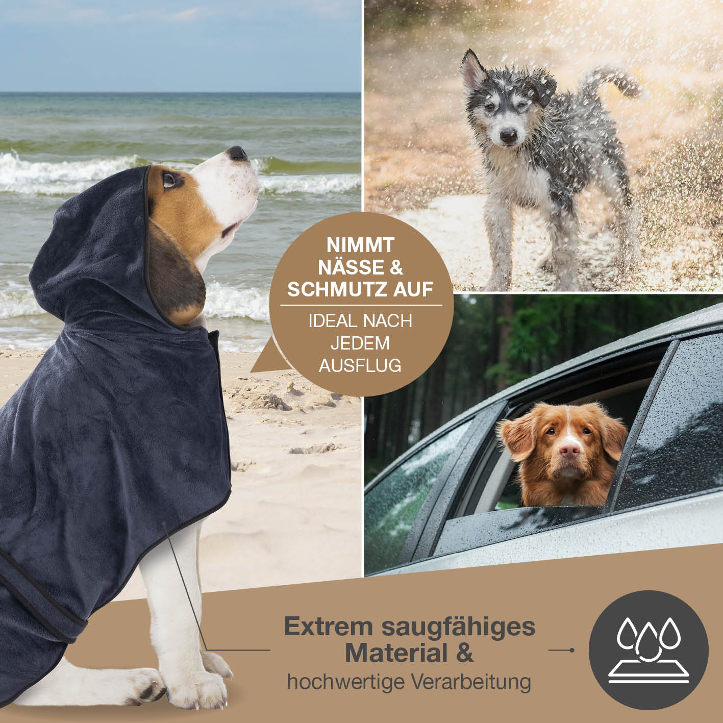 Hundebademantel - Größe S beige/blau, saugfähig, schnell trocknend, mit Kapuze, pflegeleicht, ideal für kleine Hunde und Welpen.