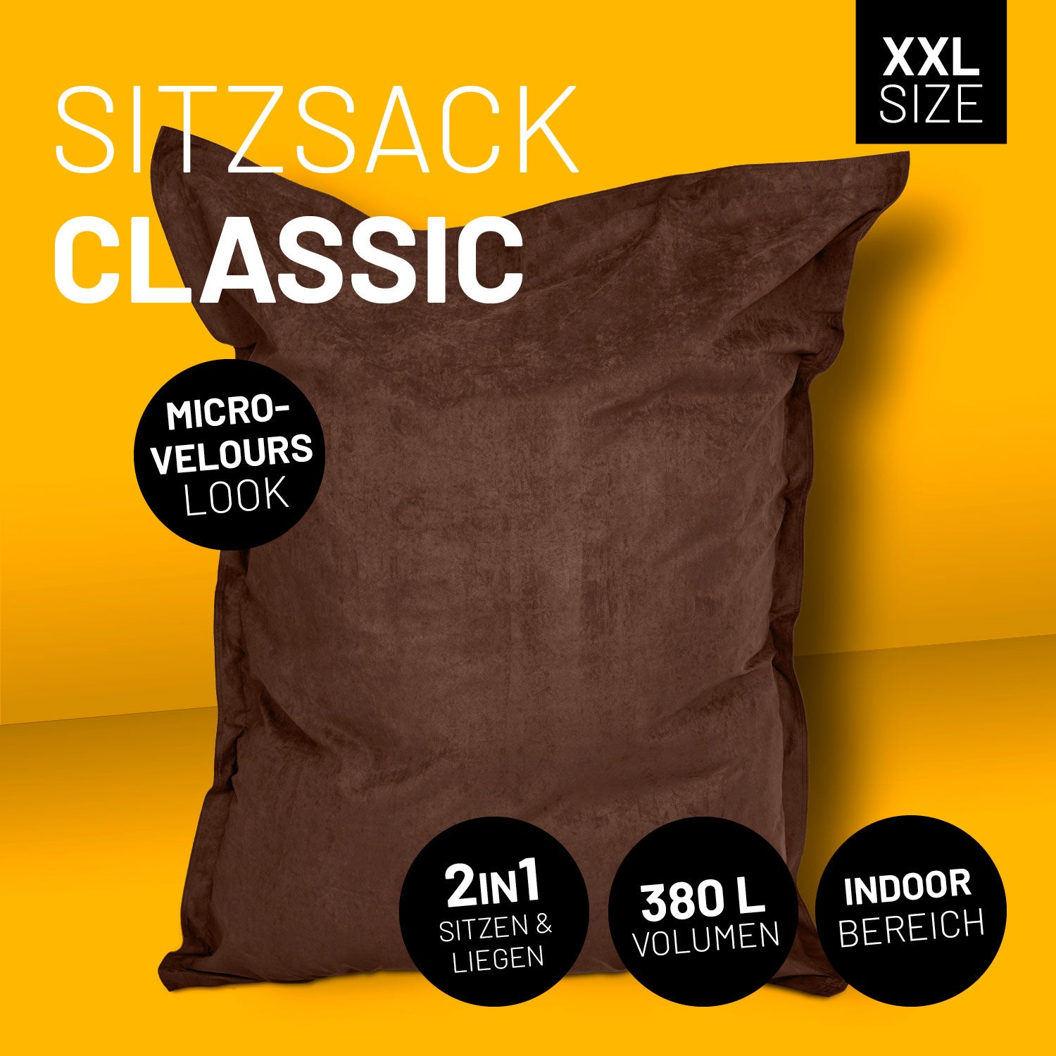 XXL Microvelours Sitzsack (380 L) in Braun, wasserfest, 140x180 cm, ideal zum Sitzen und Liegen im Indoor-Bereich.