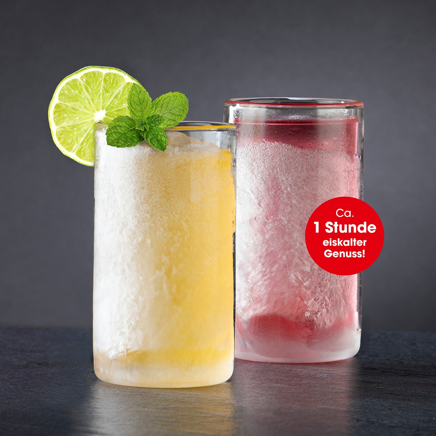 Glas selbstkühlend - 2er-Set je 280 ml, mit Cooling-Gel, kühlt Getränke schnell ohne Eis, immer wieder verwendbar.