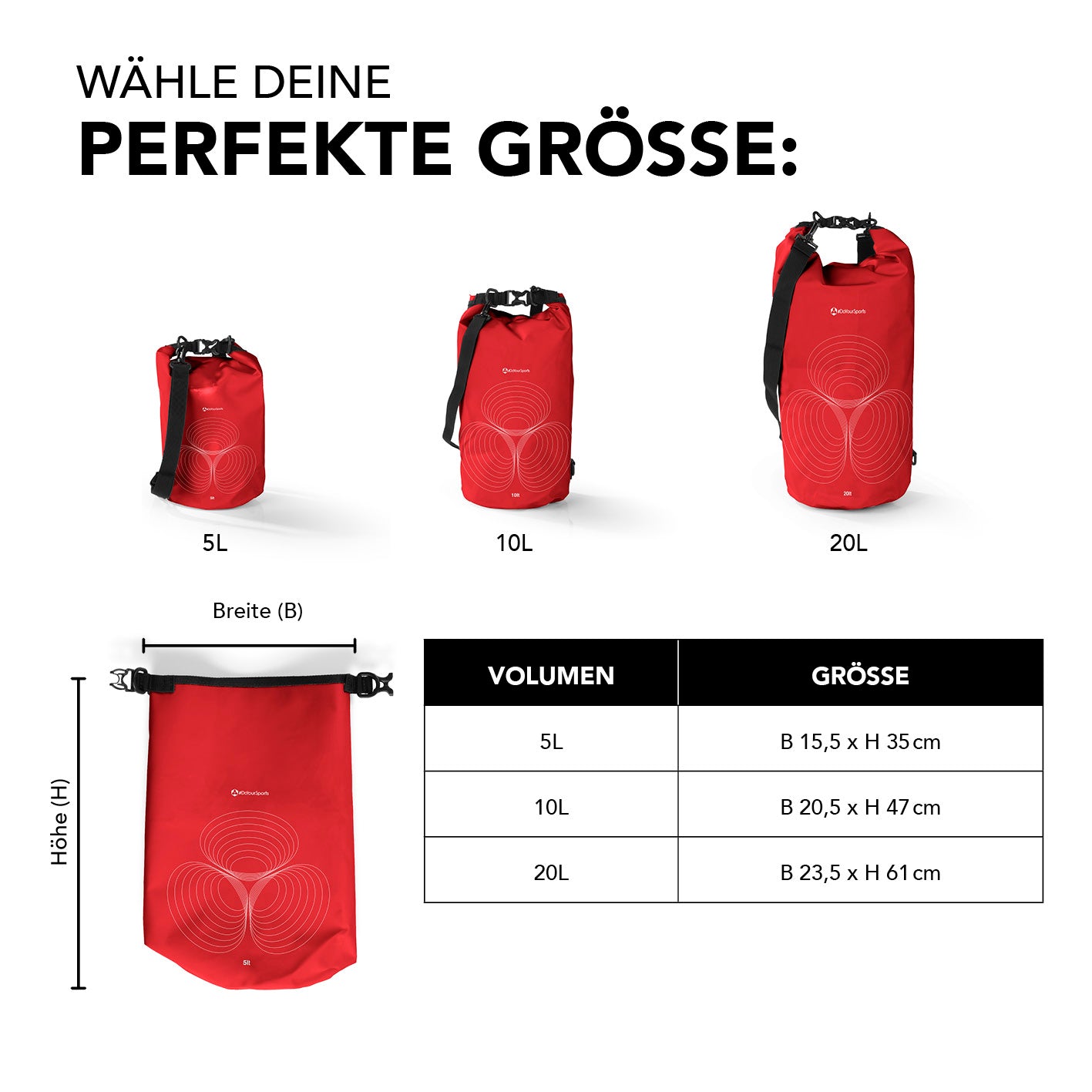 Dry Bag 5L - Rot mit wasserdichtem Rolltop-Verschluss, 15,5 x 35 cm, ideal für Outdoor-Aktivitäten und sichere Aufbewahrung.