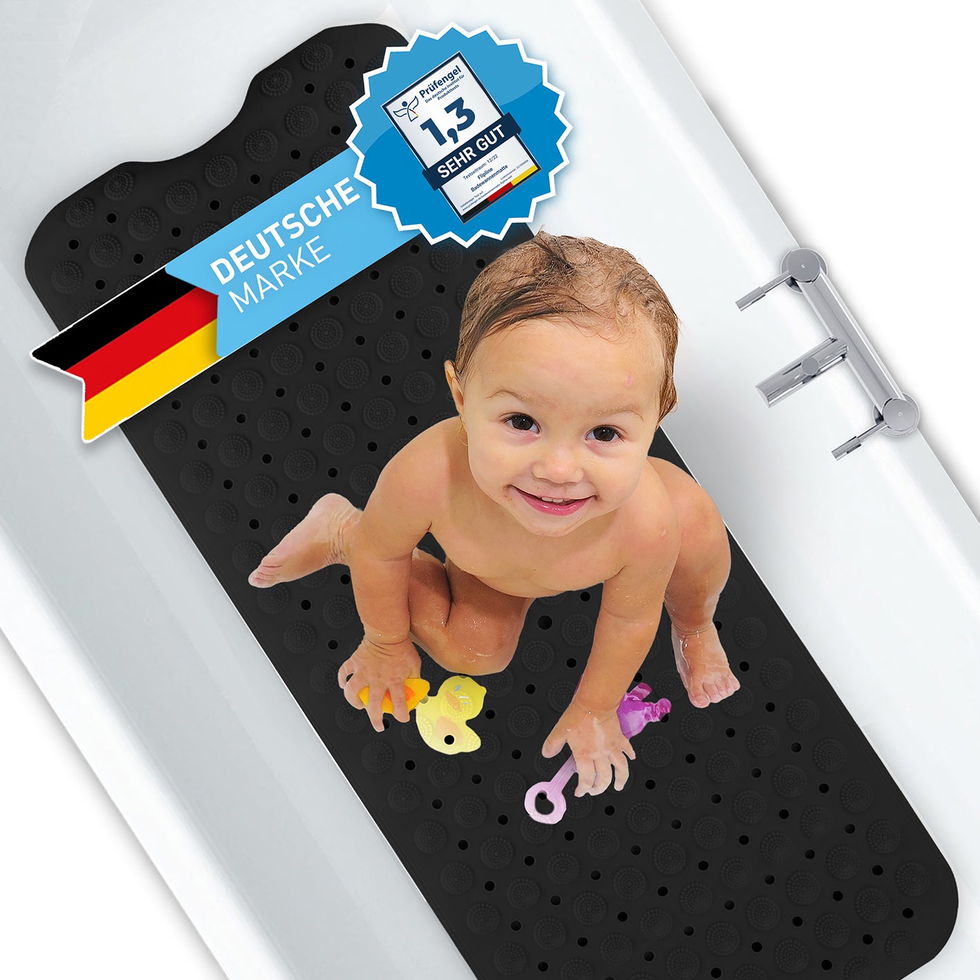 Badewannenmatte - Schwarz - 100 x 40 cm mit rutschfester Oberfläche und 200 Flex-Saugnoppen für sicheren Halt in der Badewanne.
