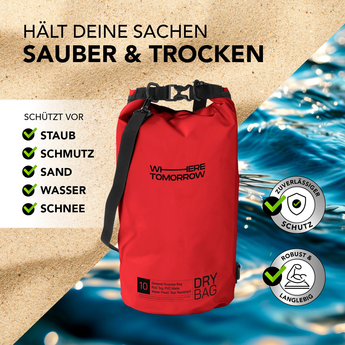 Dry Bag 10L - Style 01 - Rot, wasserdichter, robuster Outdoor-Rucksack zum Schutz vor Staub, Wasser, Sand und Schnee.