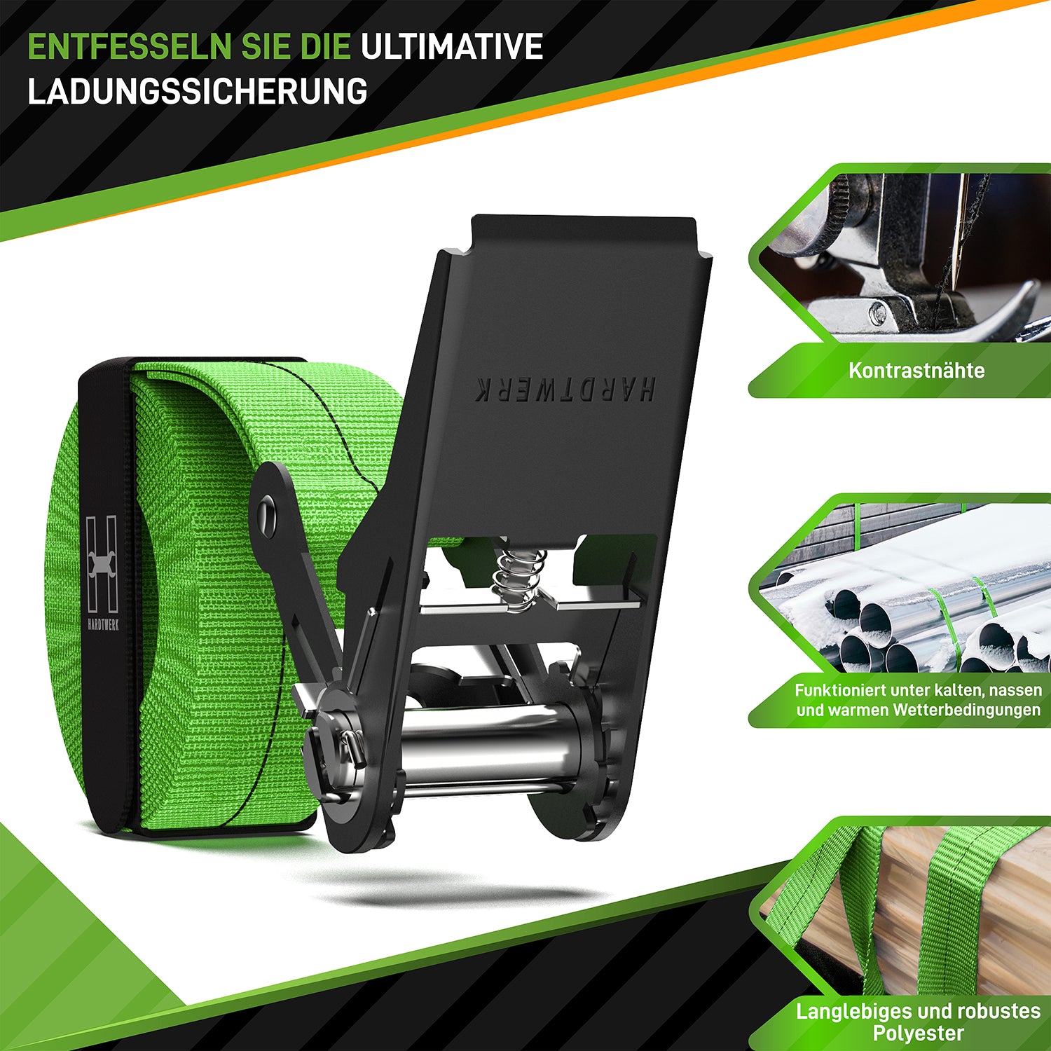 Spanngurte mit Ratschen - 4er-Set - Neongrün mit Stahlratsche und robustem Polyester für sichere Ladung bei allen Wetterbedingungen
