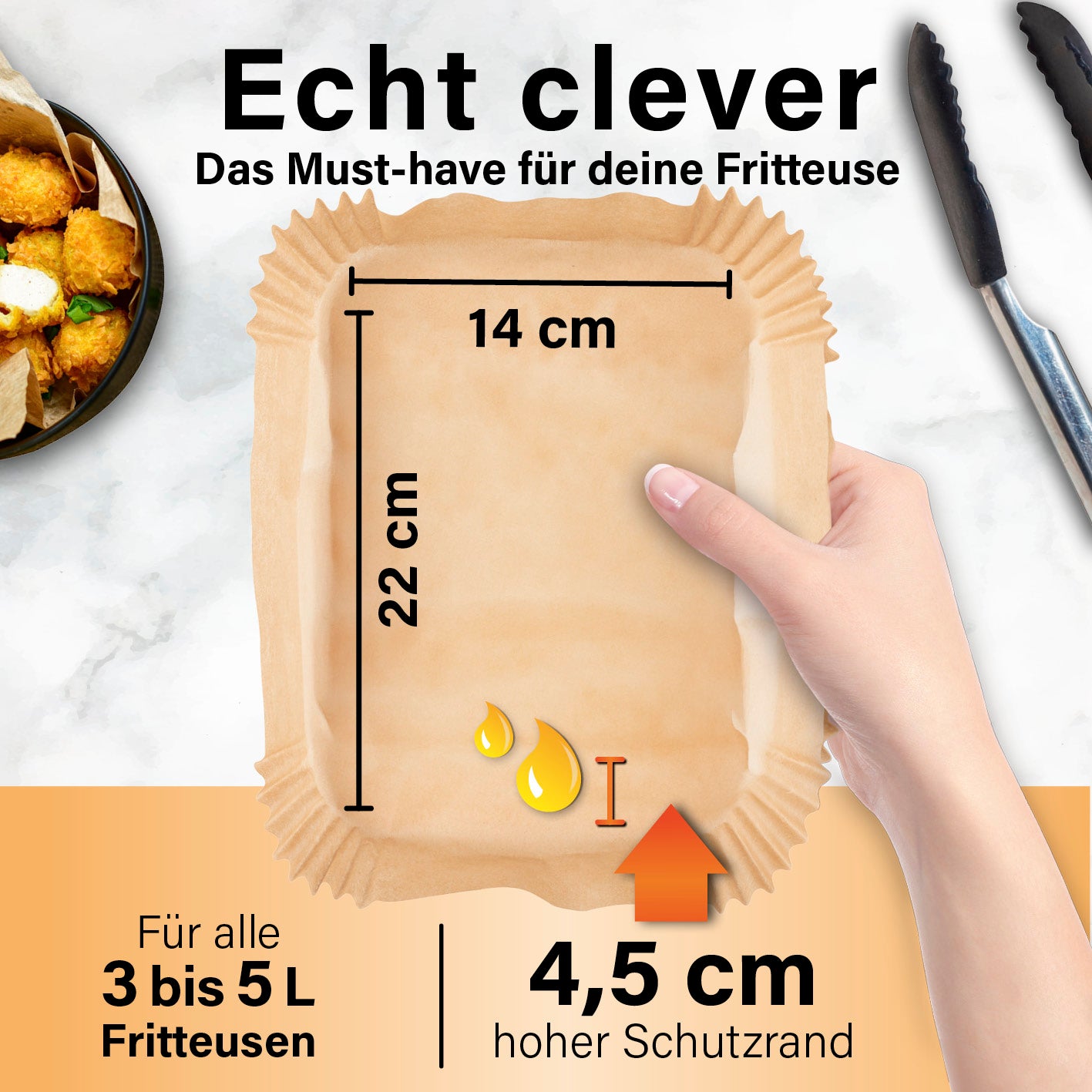 Backpapierschalen für Doppelkorb-Heißluftfritteusen 3–5 l, 100 Stück mit 4,5 cm Rand für saubere, robuste und hitzebeständige Anwendung