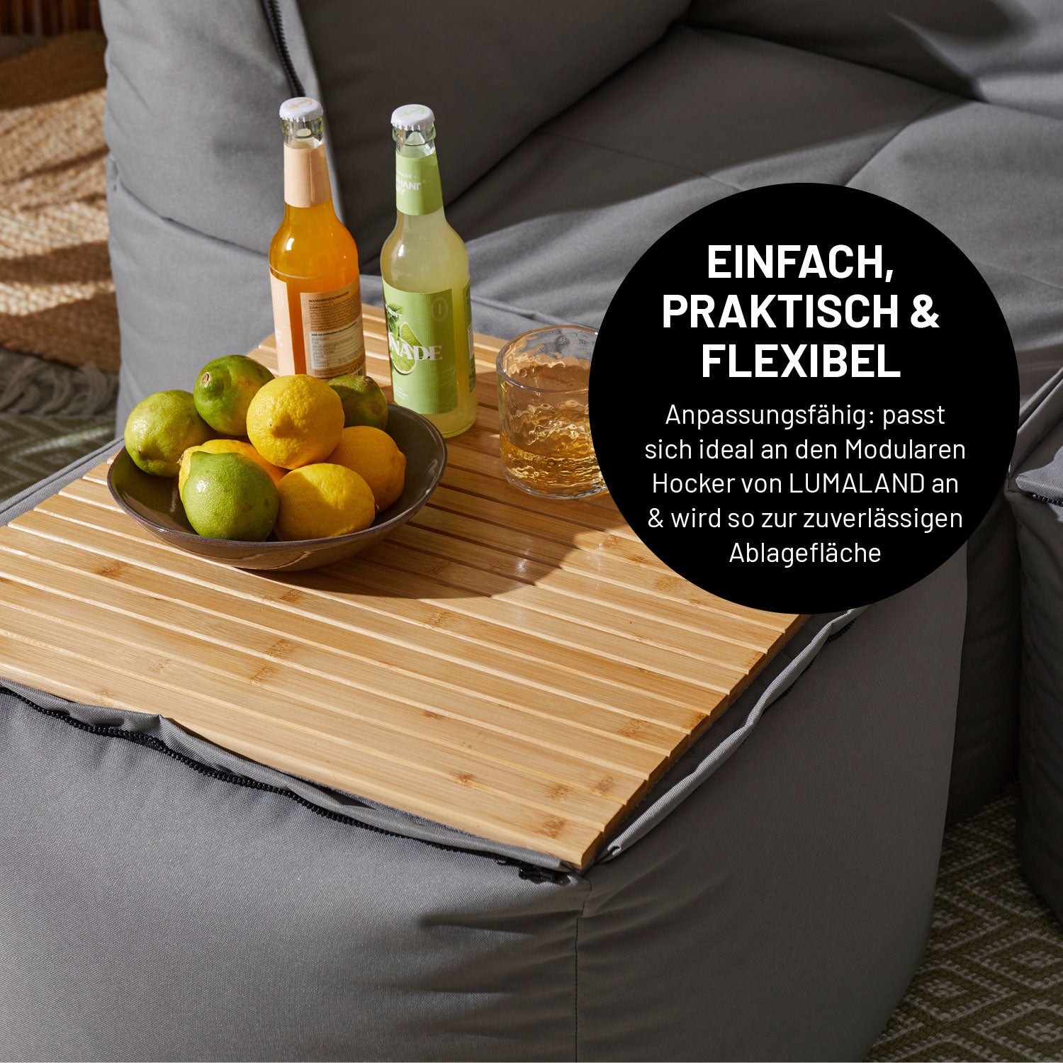 Bambusauflage für Modular-Hocker - 54 x 50 x 1 cm, praktische, flexible Ablage mit Antirutschbeschichtung von LUMALAND.