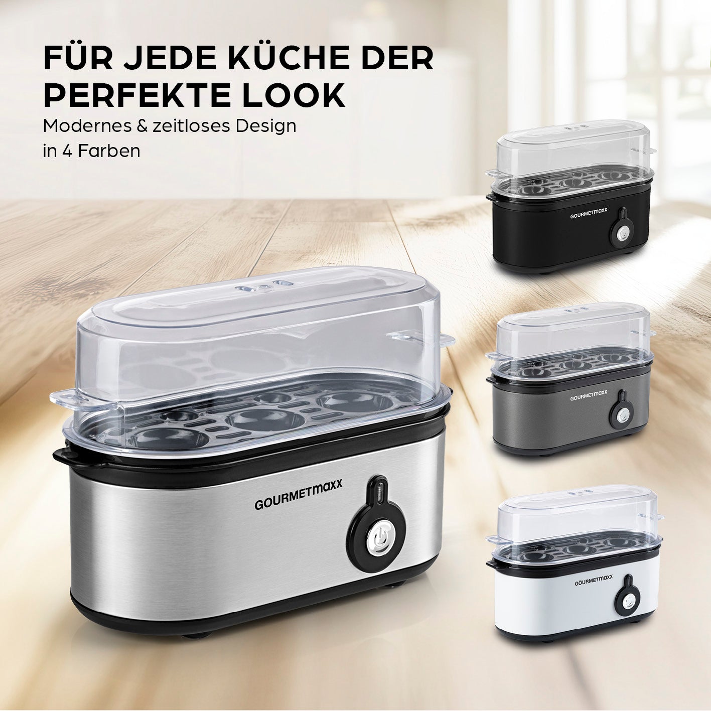 Design-Eierkocher 3 Eier - Edelstahl in vier Farben mit modernem, zeitlosem Design für jede Küche und perfekten Eiergenuss.