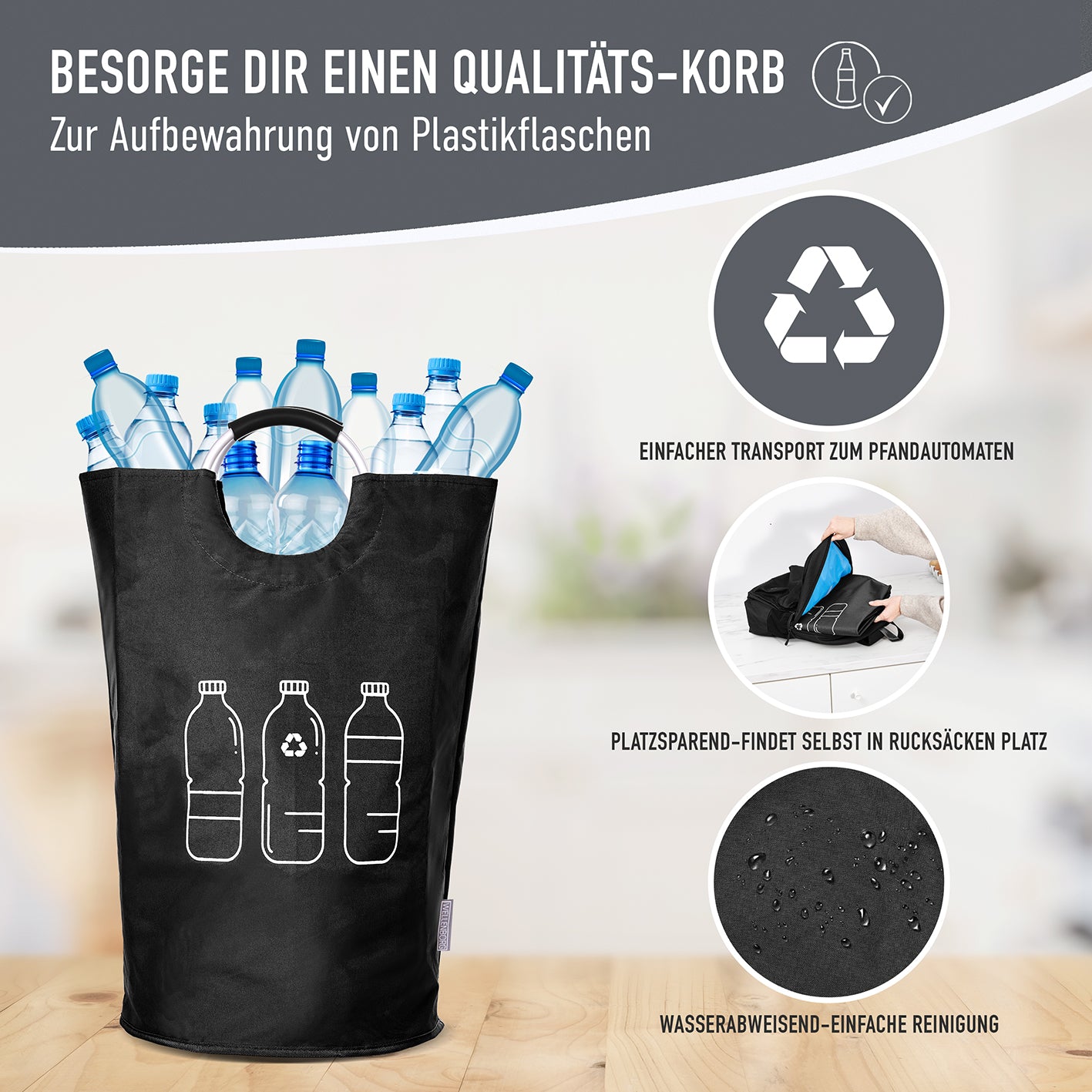 Faltbarer Pfandflaschen Sammelbehälter - Grau, 82 Liter, wasserabweisend, platzsparend und mit robusten Henkeln für einfachen Transport.