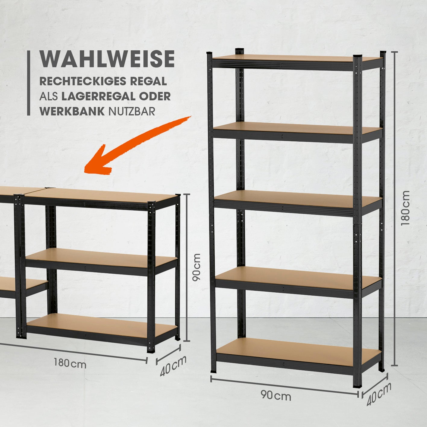 Schwerlastregal mit 5 belastbaren Holzböden - 180 x90 x 40 cm - schwarz - 2er-Set als Regal oder Werkbank nutzbar.