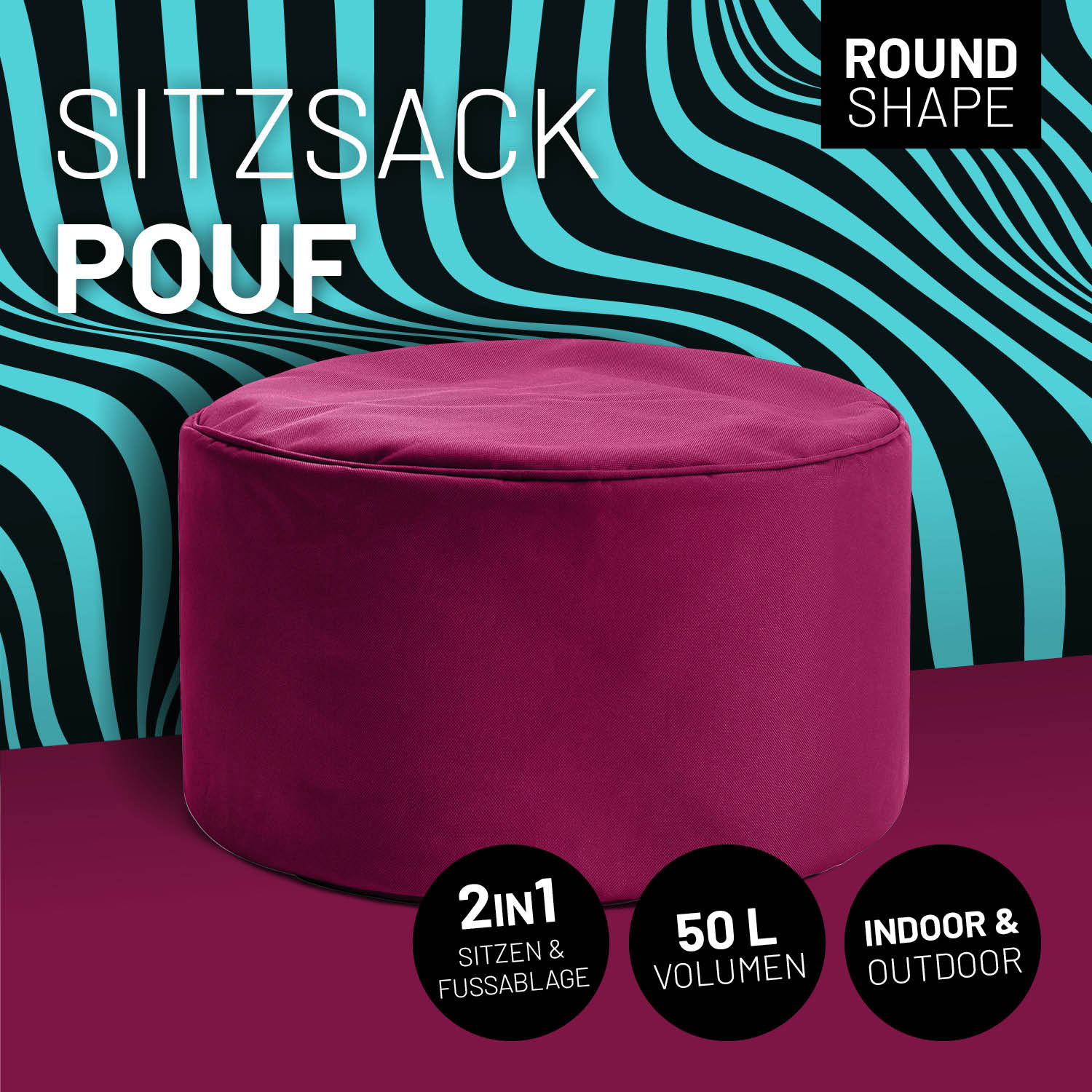 Sitzsack-Hocker/Pouf (50 L) - indoor & outdoor - Rotwein, rund, leicht, robust, vielseitig als Sitz- und Fußschemel nutzbar.