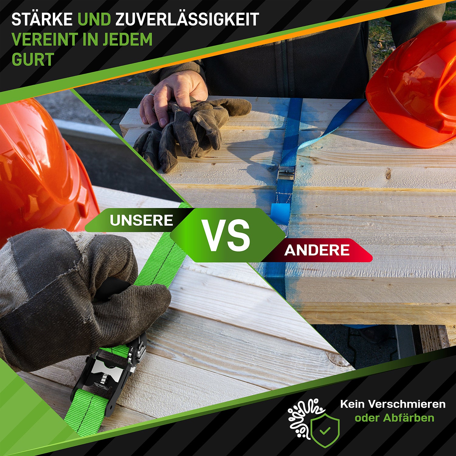 Spanngurte mit Ratschen - 4er-Set - Neongrün im Einsatz zur Ladungssicherung im Vergleich zu anderen Gurten, mit hoher Zuverlässigkeit und Stärke.